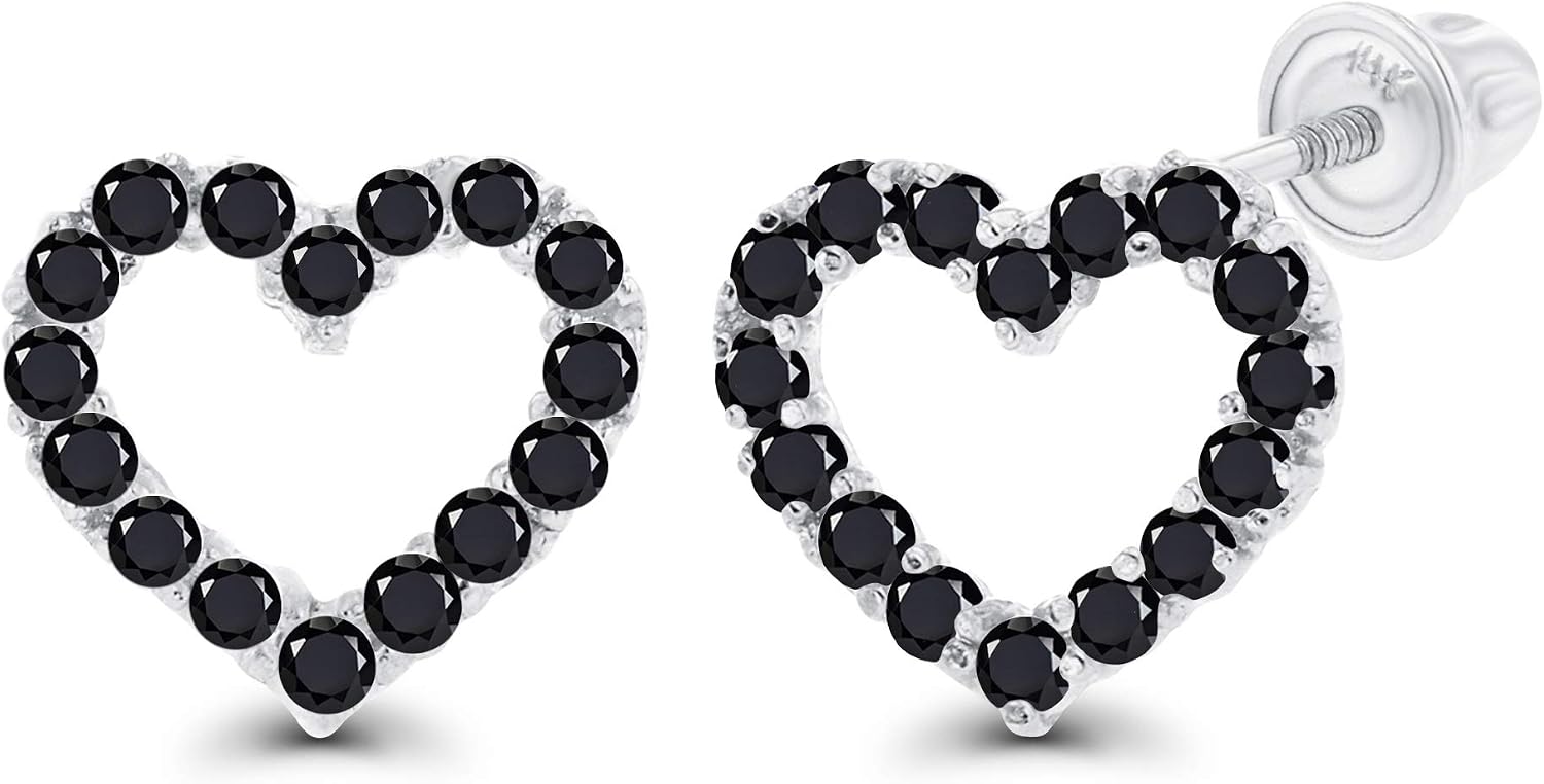 Solid 14K Gold 7mm Open Heart Natural Birthstone Screwback Stud Earrings For Women | 1mm Round Birthstone | 14K Pave Heart Screwback Earrings For Women
