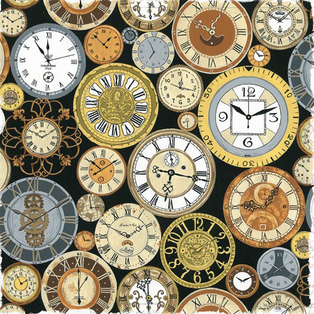Glamour Secrets Black Nutex Fabric - Victorian Vintage Clocks - Patchwork Quilting Dressmaking Craft Fabric