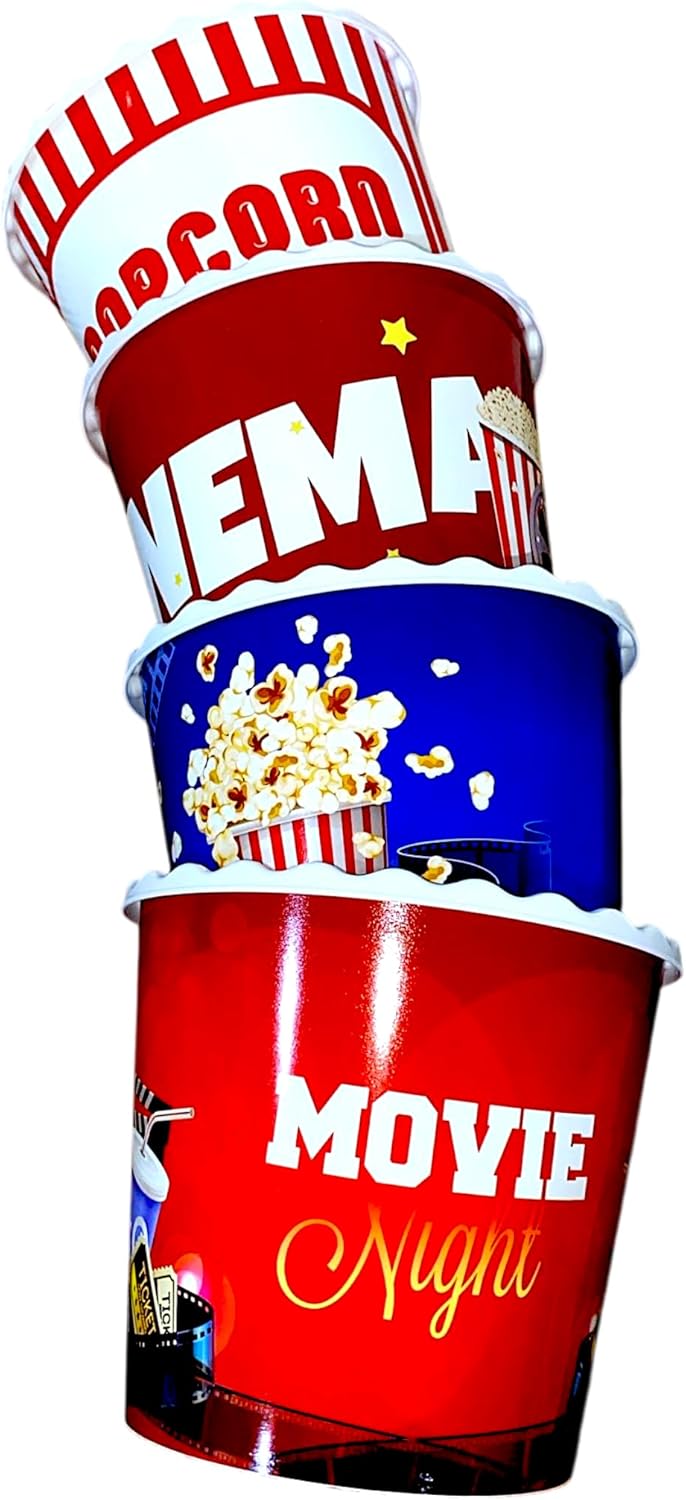 Modern Style Reusable Plastic Popcorn Box/Popcorn Containers/Popcorn Bowls Set for Movie Theater Night - (BPA Free - 8 Pack - 75 oz) (Mix 8-V)