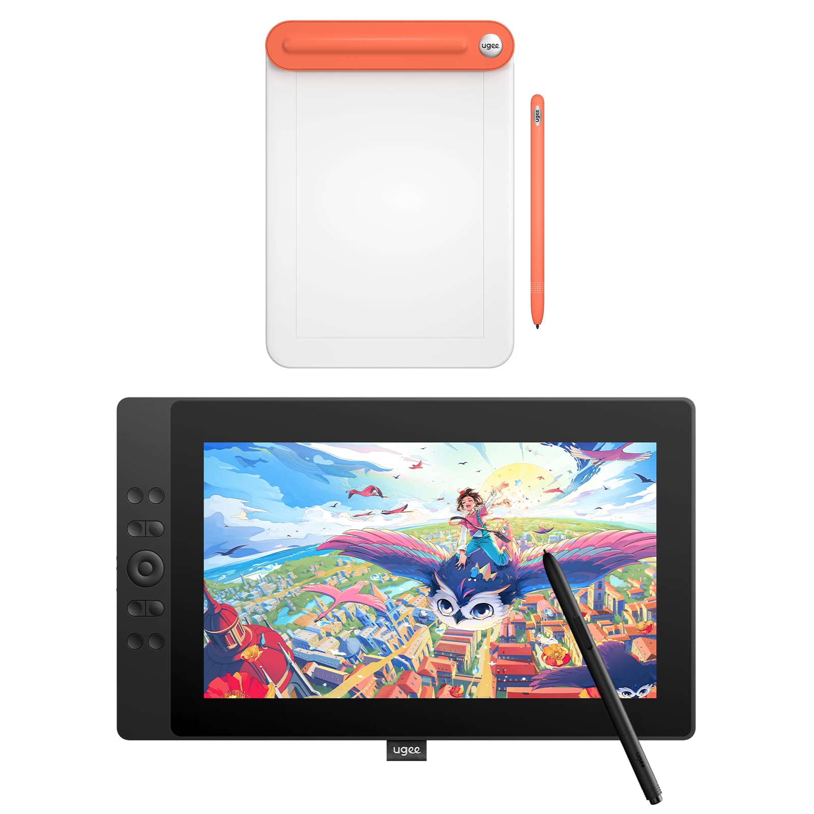 Tavoletta Grafica ugee con Display, UE16 FHD IPS da 15,4 Pollici con Schermo sRGB al 143%, Stilo Senza Batteria da 16K Passi, 8 Tasti di Scelta Rapida Fisici e una Rotella Rotonda