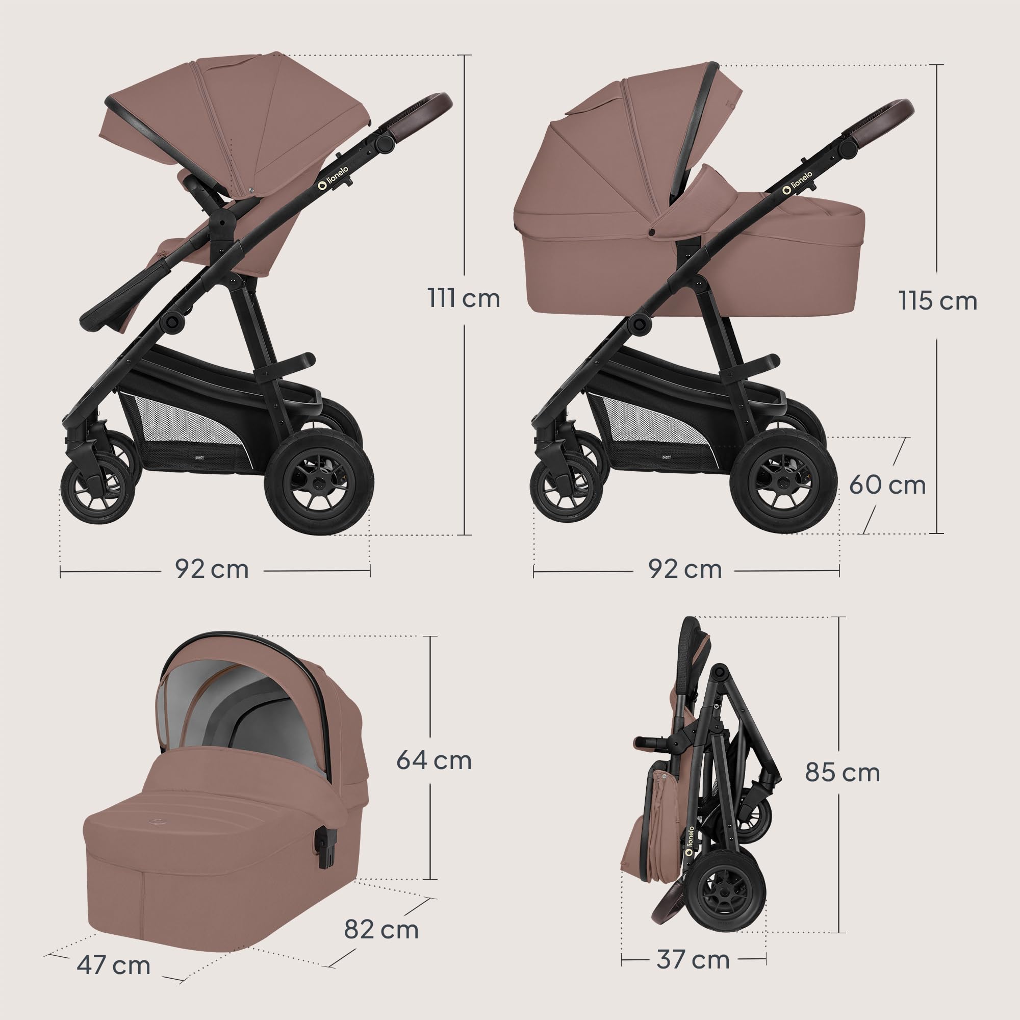 LIONELO BIANKA Cochecito de Bebé 3 en 1 (22 kg) Portabebés (9 kg) Silla de Coche (13 kg), Plegable, Sistema de Viaje Respaldo Ajustable Ruedas 360o Amortiguación, Capota XXL, Carrito de Bebe