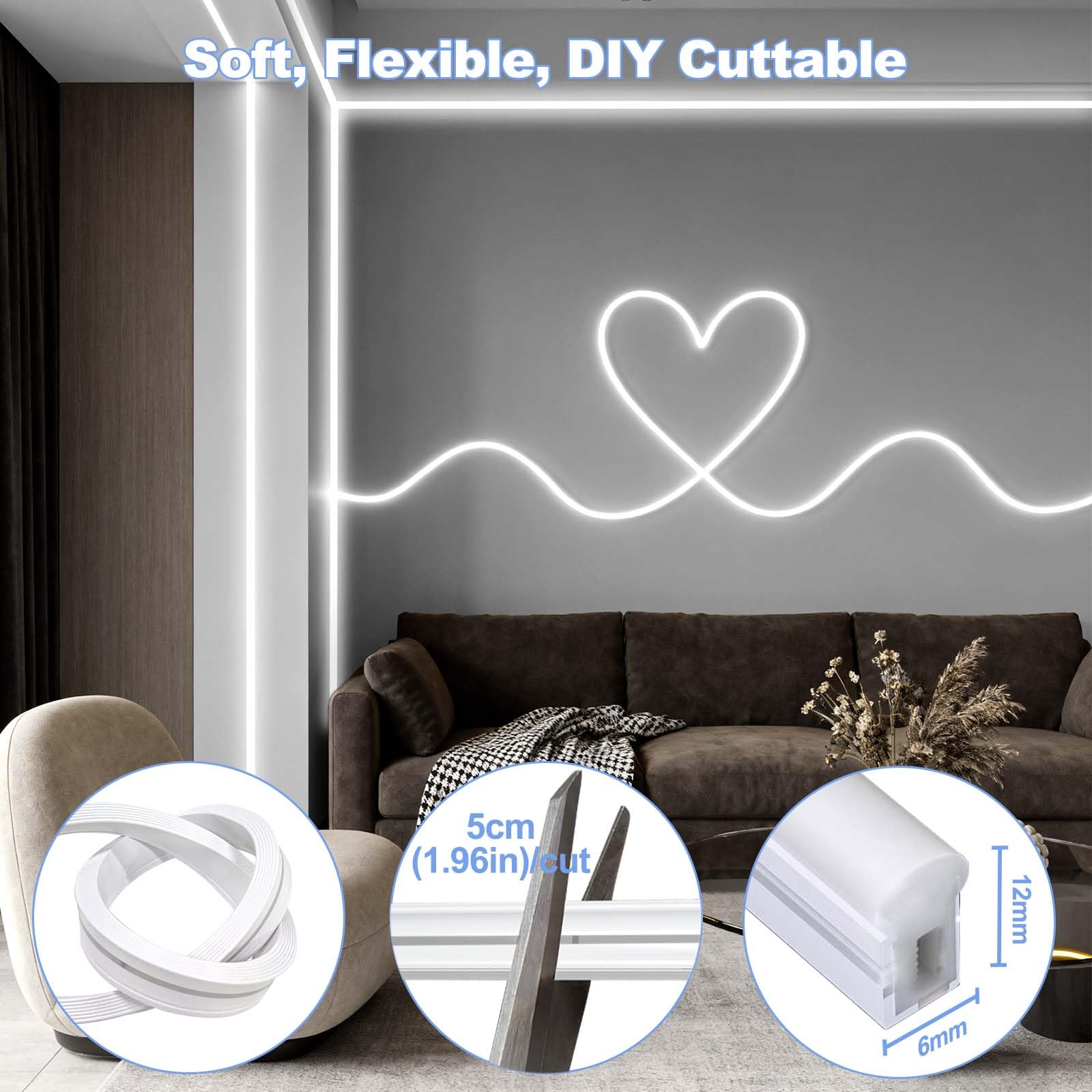 Striscia LED Neon 10M Dimmerabile 1200LED Bianco Freddo 6500K | 24V Luce Neon LED IP65 Impermeabile in Silicone Flessibile per Cucina Camera Giardino Decorazione Interna ed Esterna