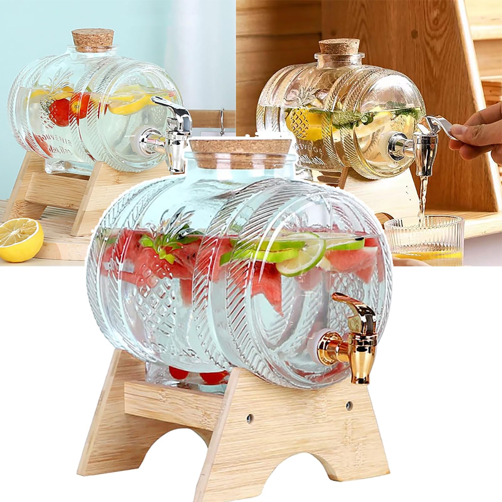Dispensador de bebidas de vidrio con espiga y soporte de madera, 1L/3L/5L para un fácil llenado, dispensador de bebidas ideal para fiestas y uso diario, diseño de boca ancha
