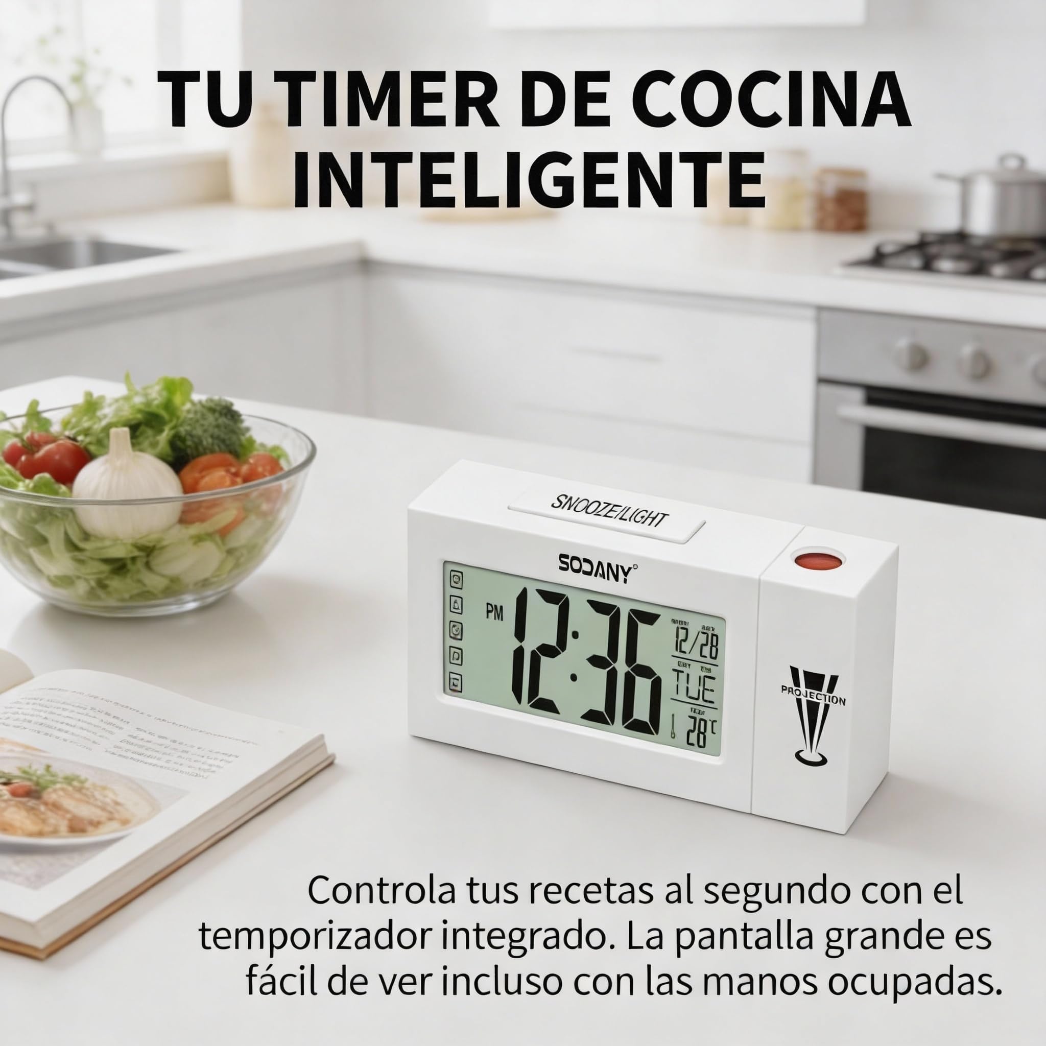 Despertador Proyector Techo Reloj Digital de Mesita Noche a Pilas con Pantalla LCD Grande, Luz de Fondo Activada por Tacto, Temperatura, Fecha y Alarma Snooze para Dormitorio Oficina (Blanco)