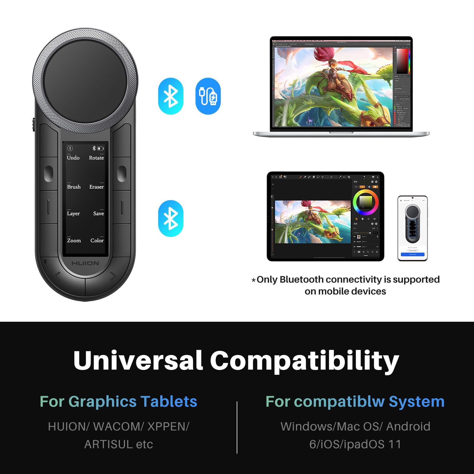 HUION Keydial Mini K40 Express Keys Remote Keyboard - Bluetooth 5.0, 10 anpassbare Tasten, Dual Dial Controller, OLED Display für Stift-Display, Zeichentablett, PC, Smartphone, Laptop, Mac