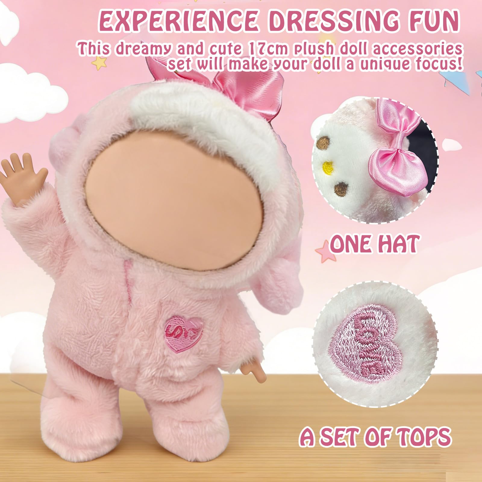 GYIOFAI 2 Pcs Doll Clothes Compatible for 17cm Dolls, Pink Plush Doll Clothes, Doll Outfit Accessories Sets - Image 3