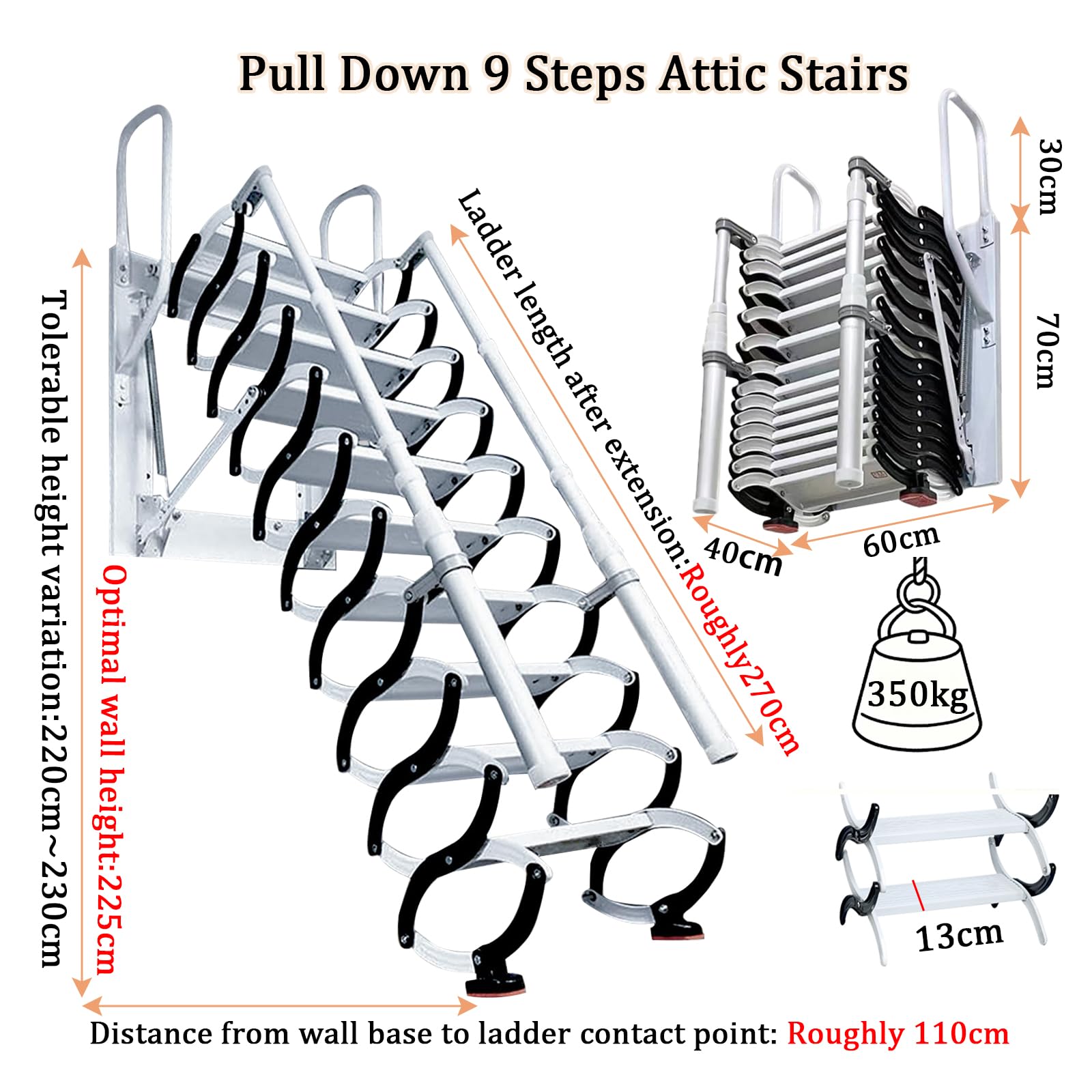 2.25m Dachbodentreppe, Extra-Breite Einziehbare Dachboden Klappleiter, Stahl Wandmontierte Versenkbare Treppe mit 2 Handläufen, tragend für 350 kg Abstellräume, Keller und Garagen (9 Stufen)