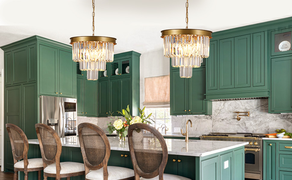 Image of Gold Crystal Chandeliers 16 inch Modern Pendant Light Fixture for Dining Room