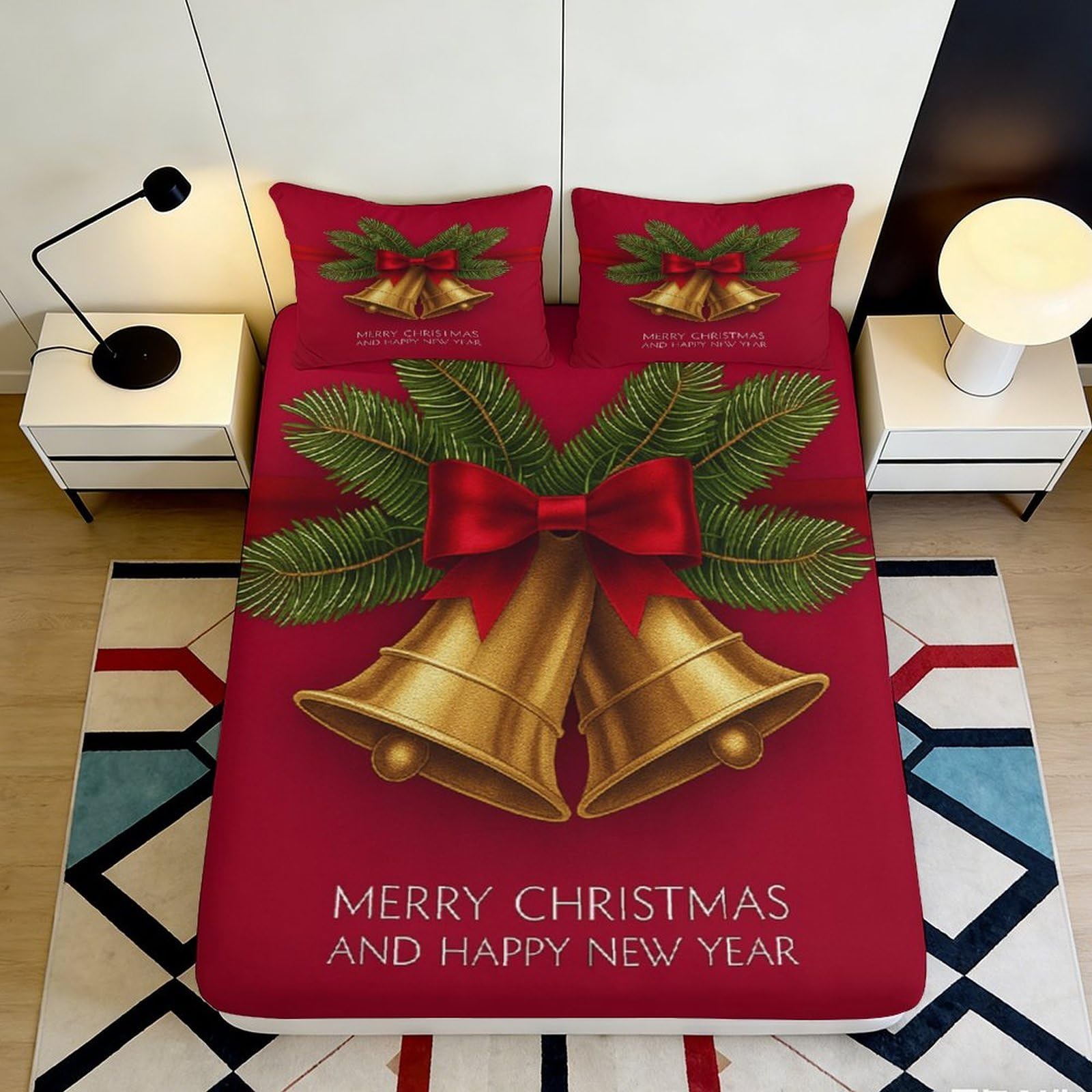 3D Printed Christmas Bells Fitted Sheet Microfiber Red Pine Bow Mattress Cover Anti-Slip Machine Washable Bedroom Decor 90x200x25cm