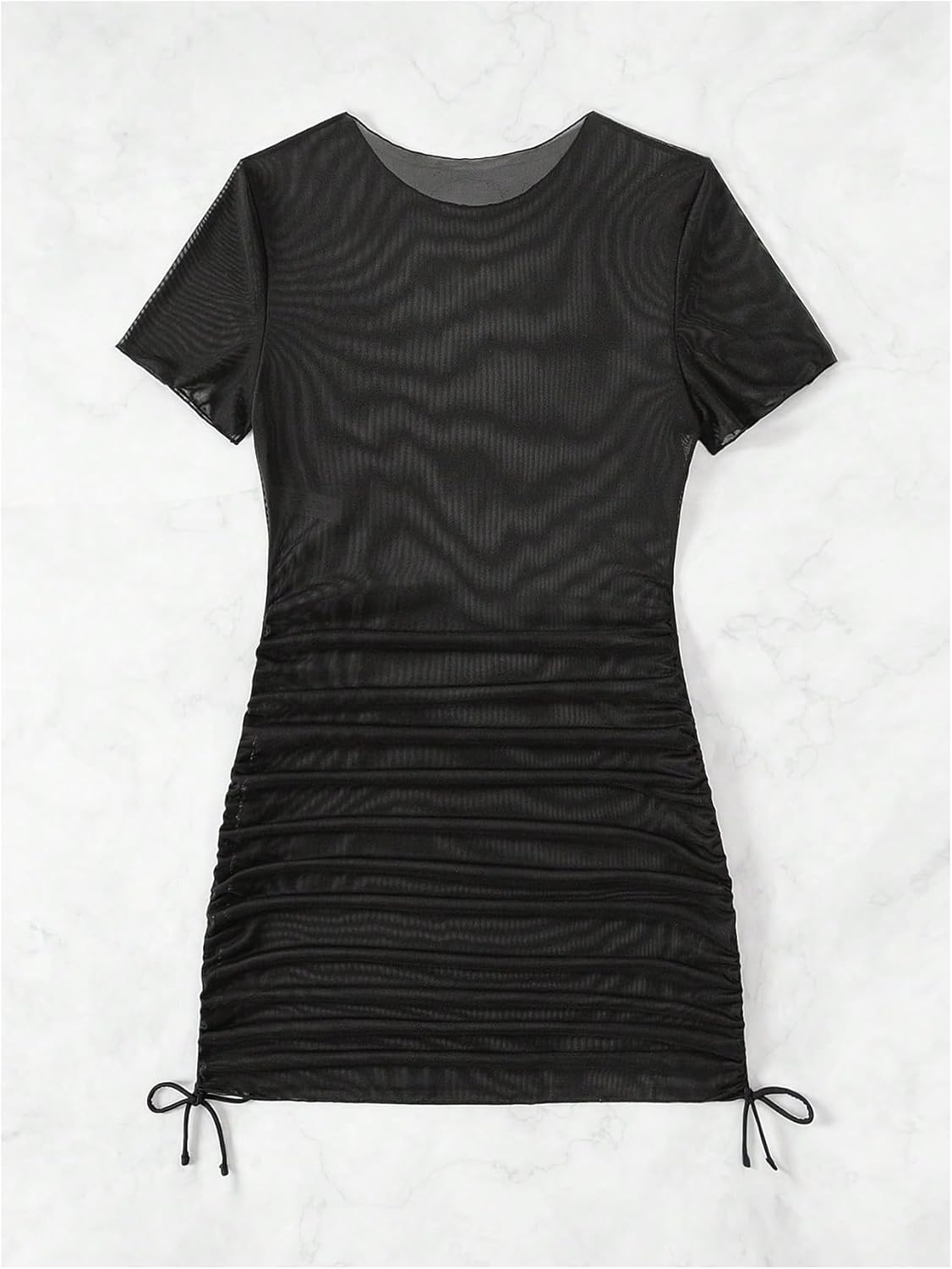 Women's Drawstring Ruched Swimsuit Coverup Short Sleeve Sheer Mesh Beach Dress Bathing Suit Cover Up - Image 6