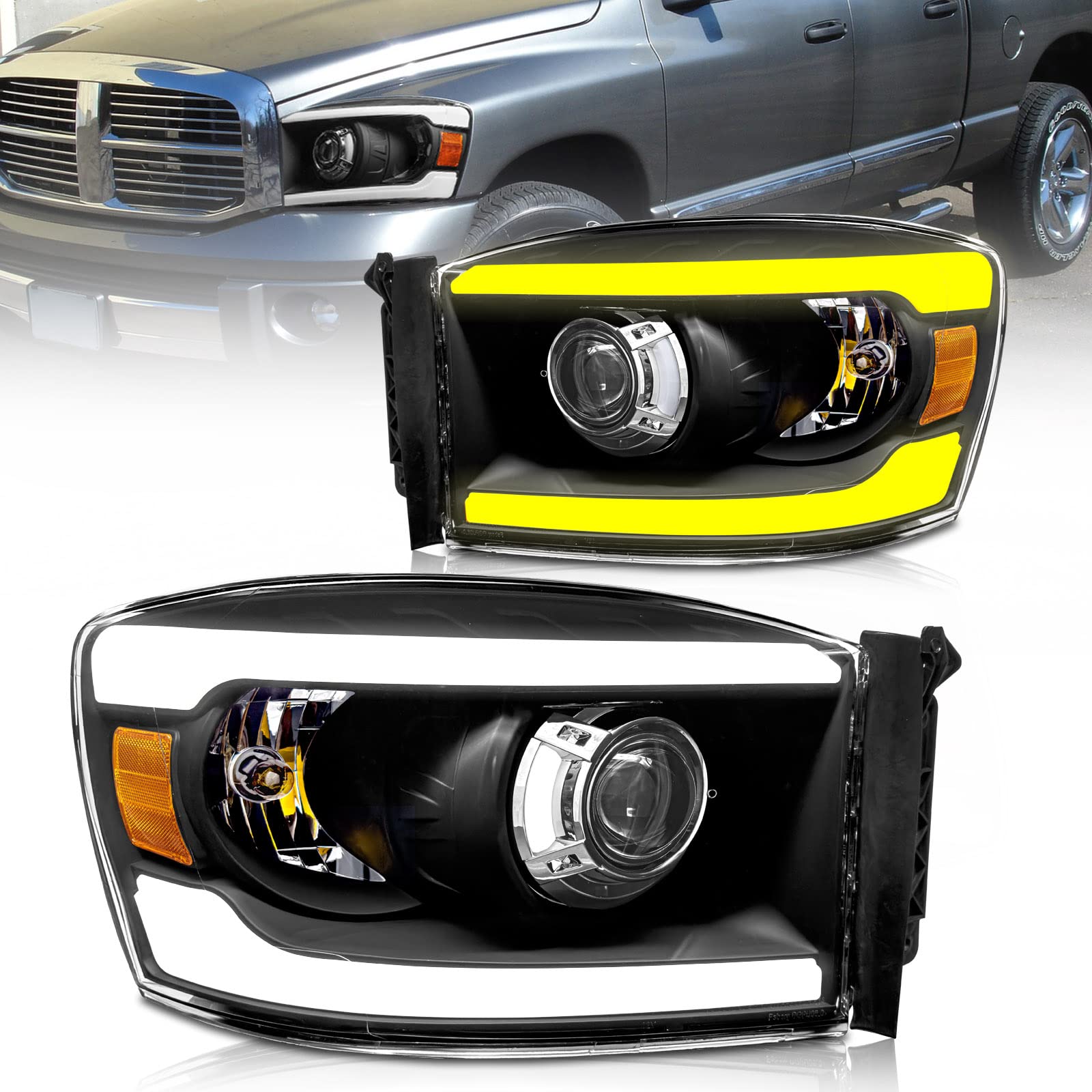 Photo 1 of ADCARLIGHTS for 2006-2009 Ram Headlight Assembly with Sequential Turn Signal LED Bar Projector compatible with 06-08 Dodge Ram 1500/06-09 Dodge Ram 2500 3500 Black Housing Headlamp Replacement LH+RH Sequential Turning Signal w/ H7 Projector F-Black Housin