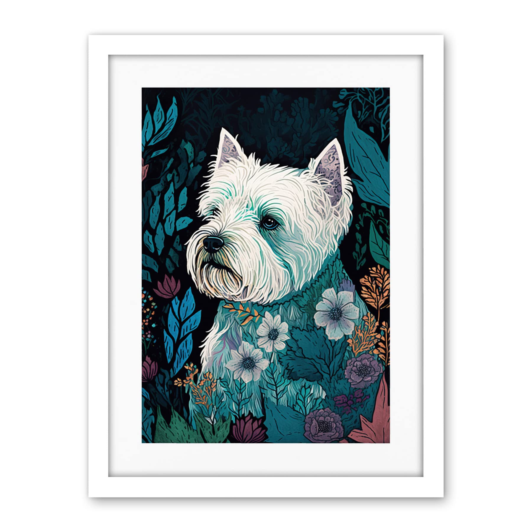 Artery8 West Highland White Terrier in Flowers Dark Multicoloured Linocut Illustration Artwork Framed Wall Art Print 18X24 Inch