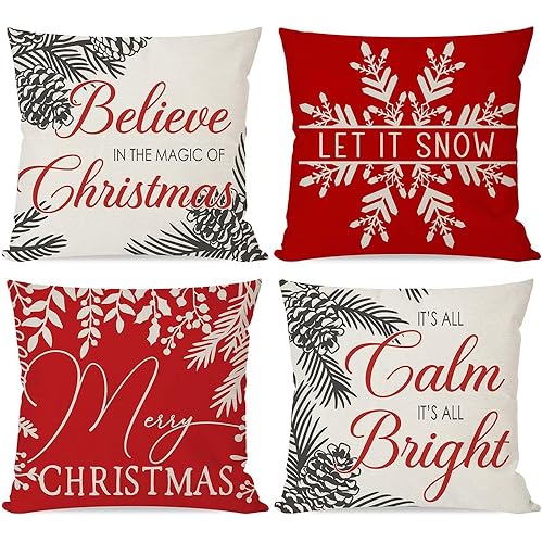 PANDICORN Merry Christmas Pillow Covers 18x18 Set of 4 Let it Snow Believe Christmas Pillows Decorative Throw Pillows Cases Modern Farmhouse Christmas Decorations Winter Holiday Decor for Couch