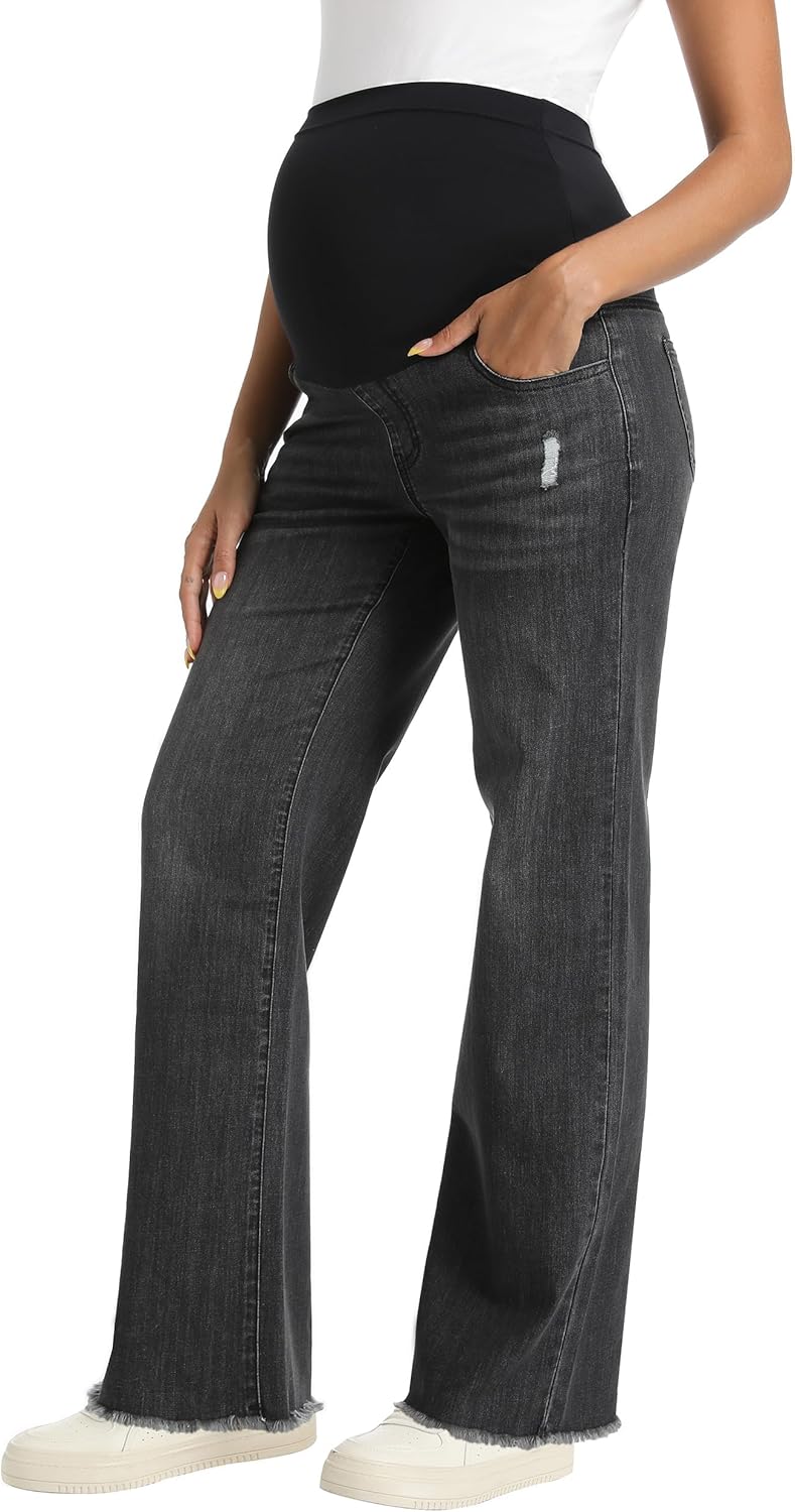 Foucome Women's Maternity Jeans Straight Leg Relaxed Fit Comfy Stretchy Trendy Pregnancy Denim Pants