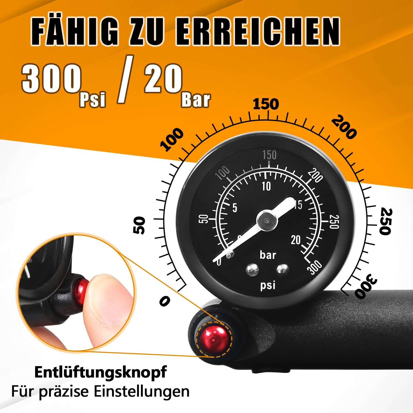 Pompe à choc pour VTT - Amortisseur à fourche à air 300 psi / 400 psi - Pompe d'amortisseur haute pression avec manomètre pour VTT / vélos de route - Pas de perte d'air - Outil de vélo