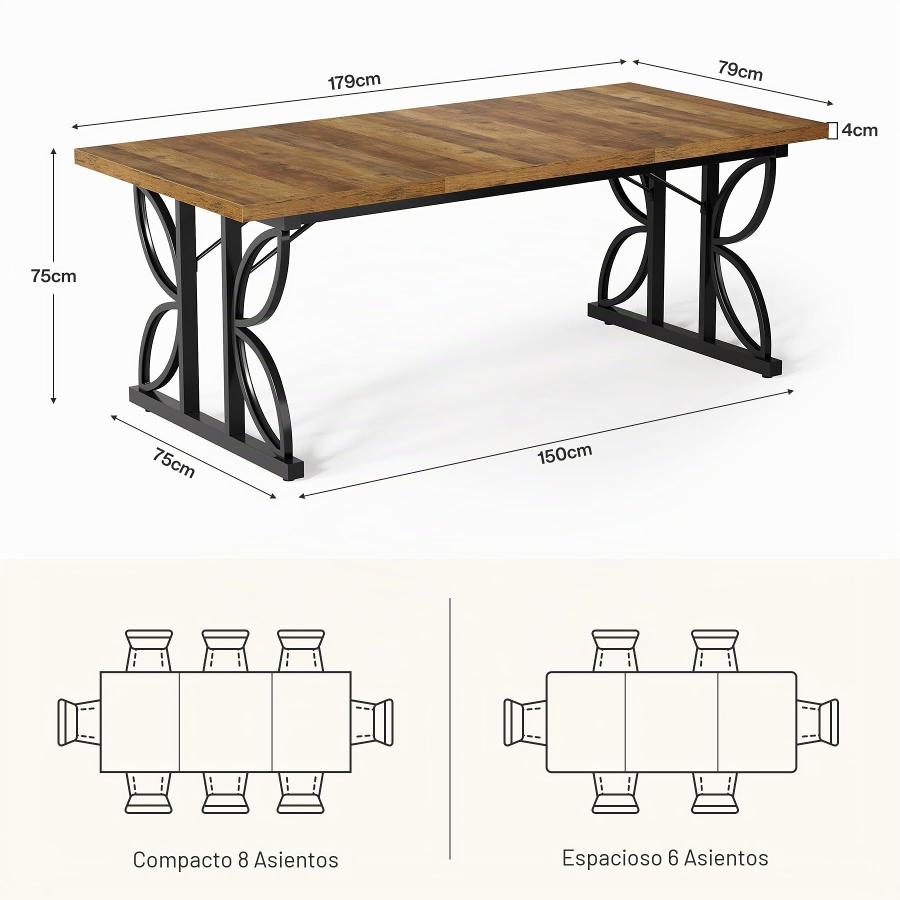 Tribesigns Mesa de comedor rectangular, mesa de cocina industrial para 6-8 personas, mesas de comedor de 180 x 80 cm con base de metal, mesa de comedor para cocina, sala de estar, marrón