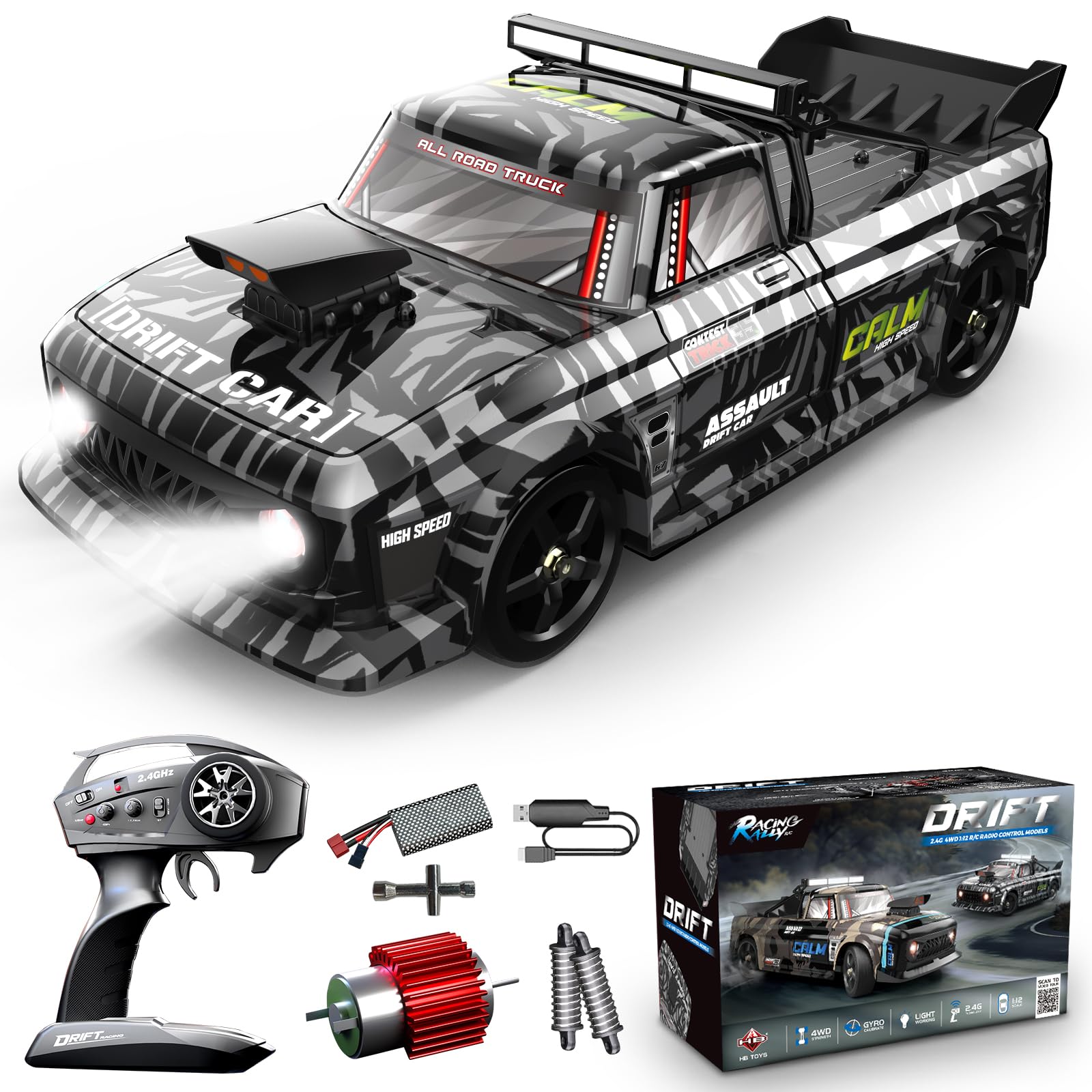 RC Drift Car, 1/12 Remote Control Cars 2.4Ghz 4WD Drifting RC Car with Gyro, LED Light and 2 Rechargeable Batteries, 30km/H Hobby Racing Cars for Boys Kids Girls Adults, Black White