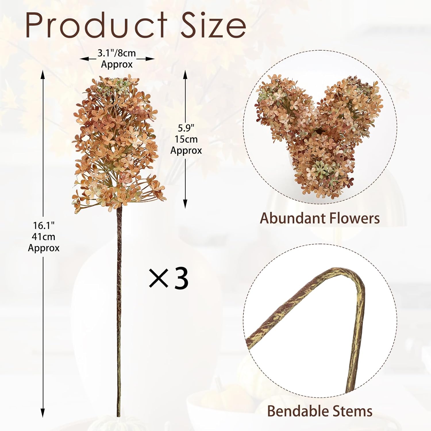 3 Pcs Hydrangea Artificial Flowers Bouquets for Fall Home Decor, 16" Faux Hydrangea Stems with Flower Seeds for Autumn Floral Arrangements Centerpiece & Wedding, Silk Fake Cone Blooms in Light Brown - Image 6