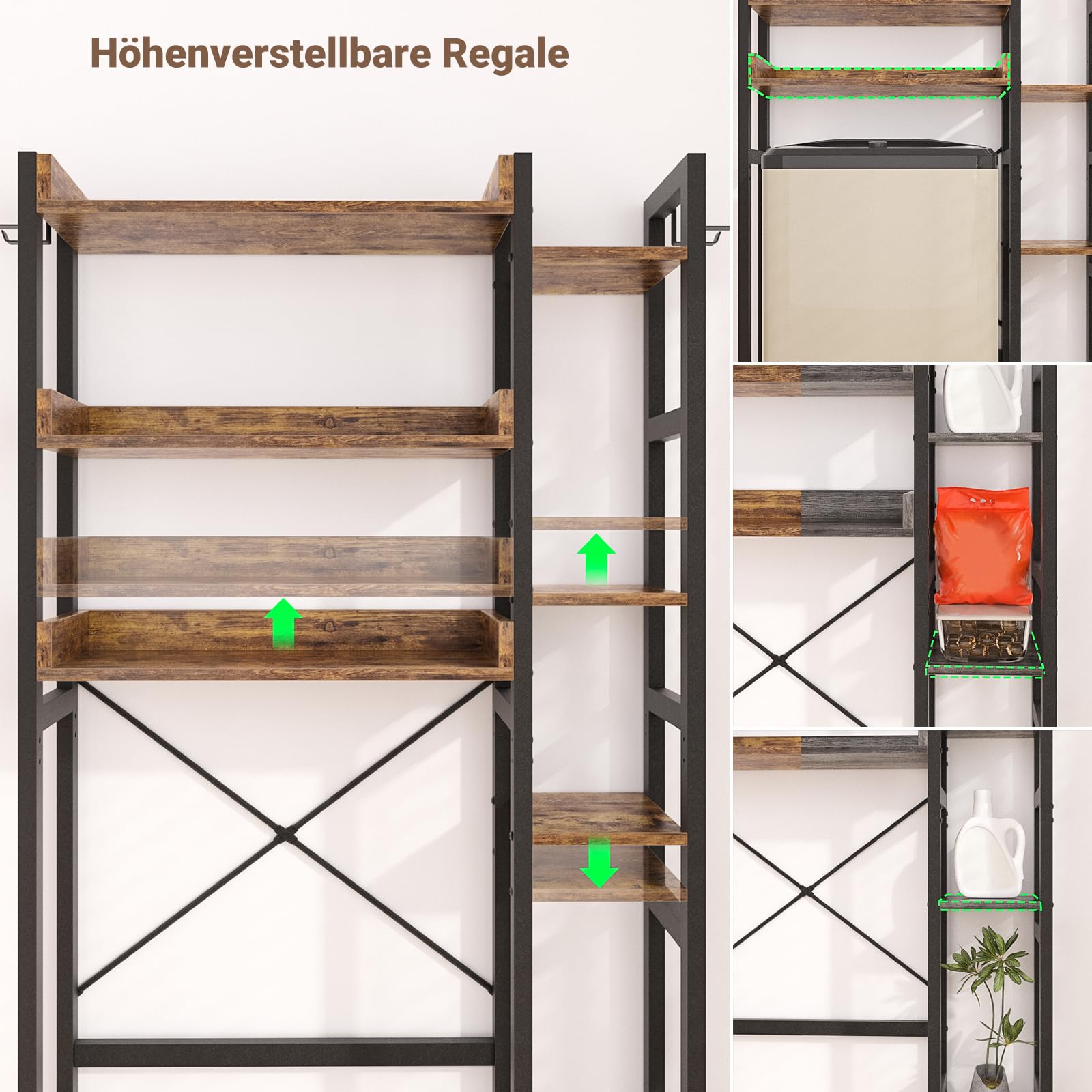 iSunirm Waschmaschinenregal mit 2 Schubladen – 7-stöckiger Toilettenregal mit verstellbarem Regal, Toilettenregal mit 4 Haken für Bad und Waschküche, Rustikales Braun