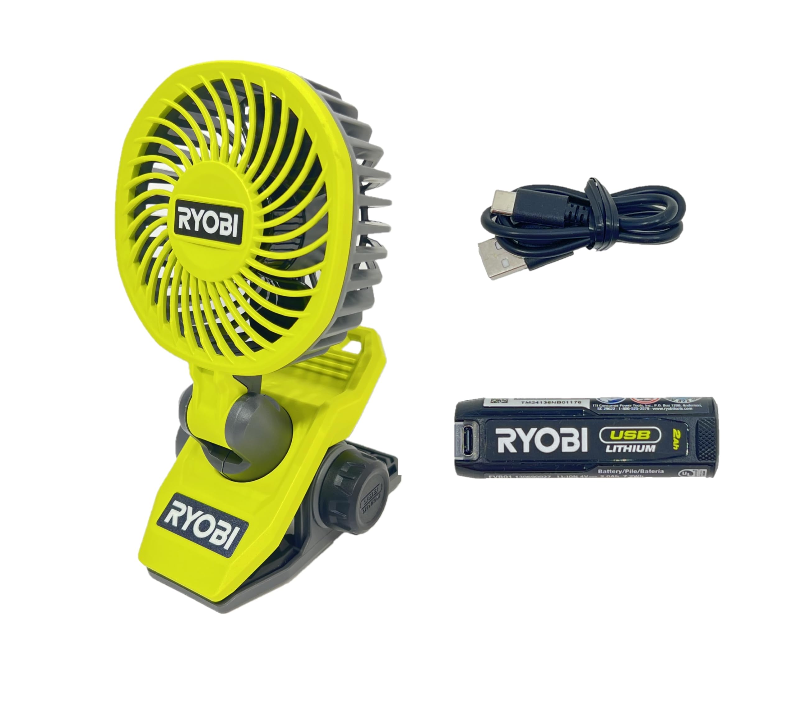 RYOBI USB Lithium CLAMP Fan KIT: 2.0 AH Battery & Charging Cable FVF51K – Portable Cooling Anywhere