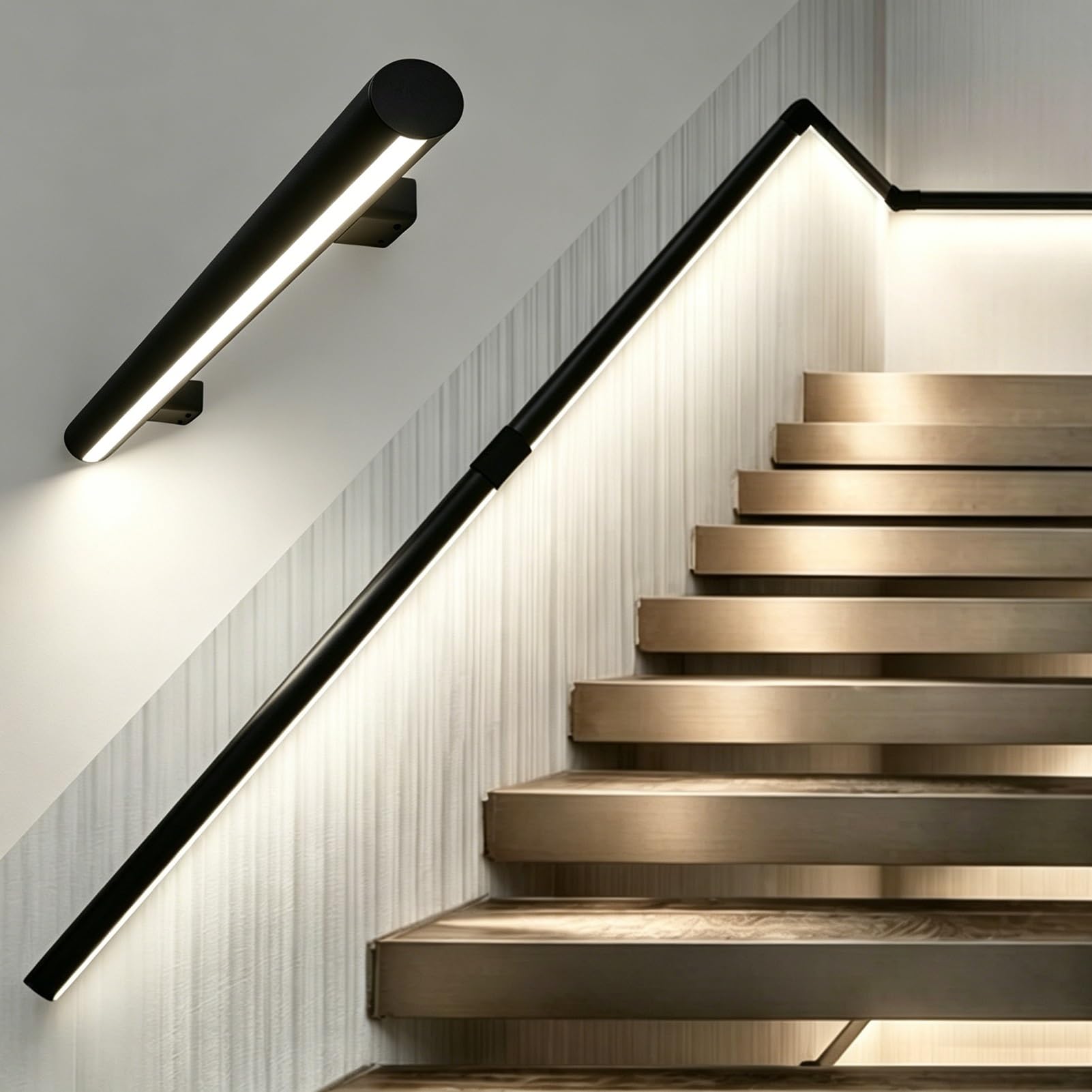 Motion Activated Illuminated Stair Handrail for Loft Porch, Heavy Duty LED Lighting Staircase Rails, Safe Night Walking Aluminum Support Bar(Left White Light,2.3ft/0.7m)