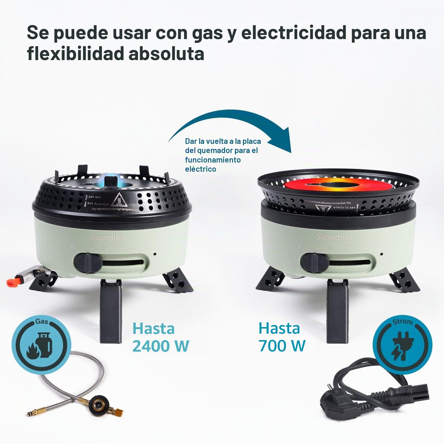 Skandika Hornillo de camping Rask | Hornillo híbrido para camping, 2 en 1, funciona con electricidad o gas, encendido piezoeléctrico, con utensilios de cocina (verde)