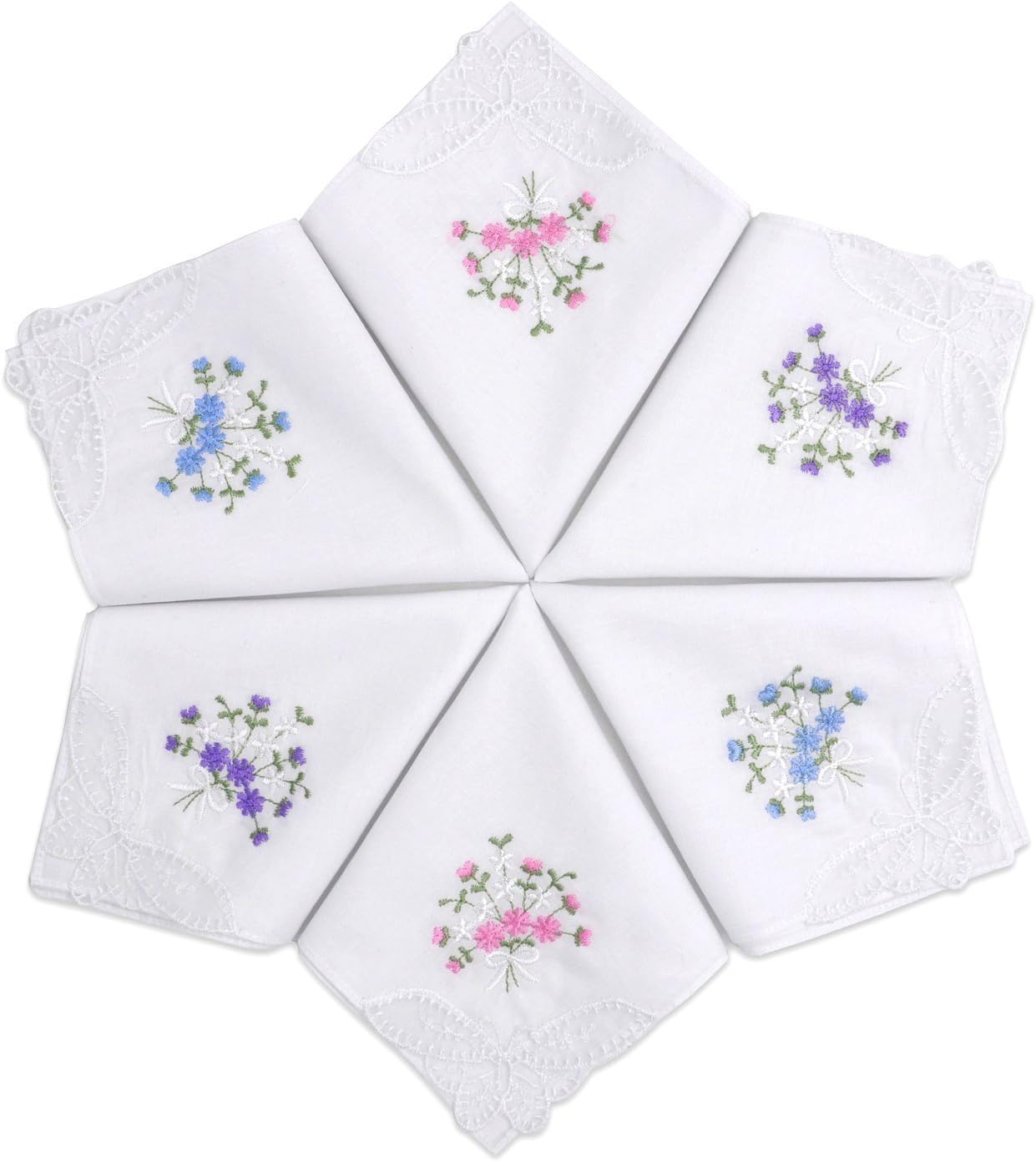 SelectedHanky Women's Cotton Handkerchiefs Flower Embroidered with Lace, Ladies Hankies 6 Pcs - Box Pack