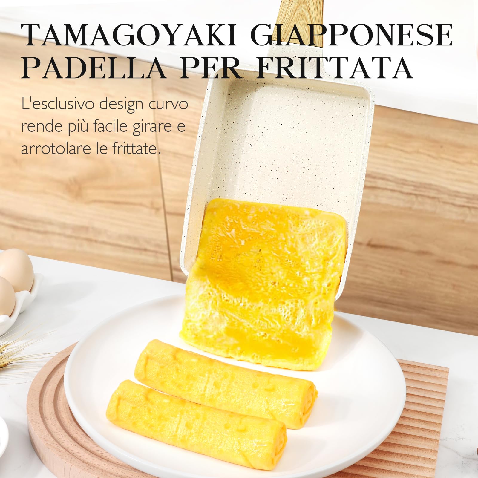 GiPP Padella per frittate antiaderente, padella per colazione a 3/4 fori, frittata giapponese Tamago-yaki, frittata antiaderente in granito, senza PFOS/PFOA (Bianco, tamagoyaki)