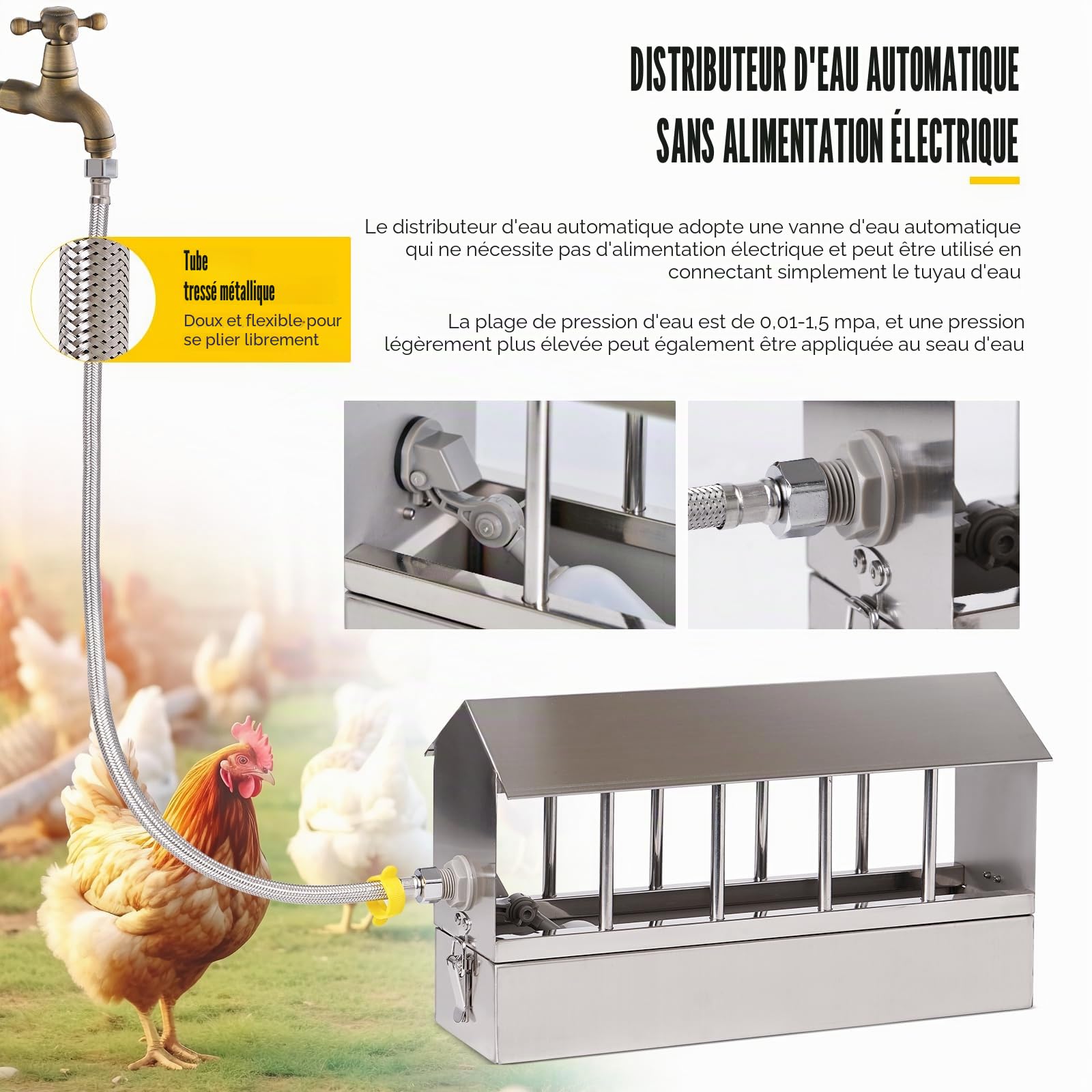 Abreuvoir Automatique pour Poulets en Acier Inoxydable, Système d'Abreuvement pour Volailles avec Valve à Flotteur et Kit de Tuyaux, Convient aux Pigeons, Canards et Oies