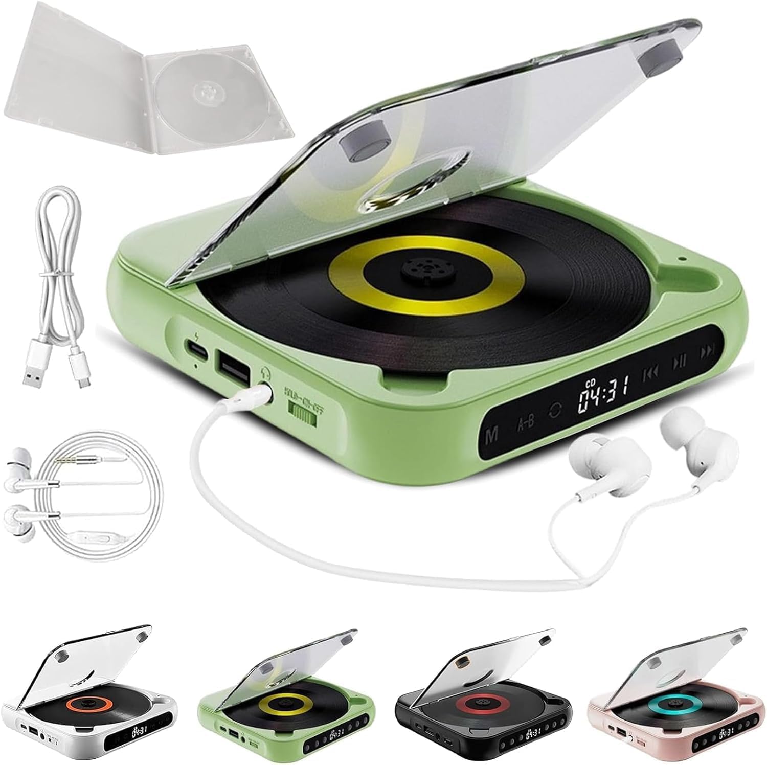 Reproductor De CD Portátil Bluetooth: Sonido De Alta Fidelidad, Recargable, Reproducción Inalámbrica/con Cable, Compatible con CD/CD-RW/mp3, Compacto Y Green 135x135x25mm