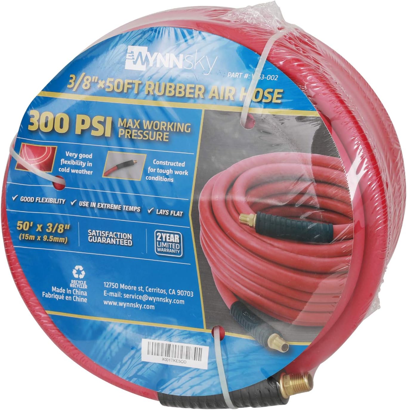 WYNNsky Air Compressor Hose, EPDM Rubber Material, Oil Resistance, Ozone Resistance, 3/8 Inch × 50 Feet, Bend Restrictors, 1/4 Inch Male NPT Threads Size Air Tools Fittings