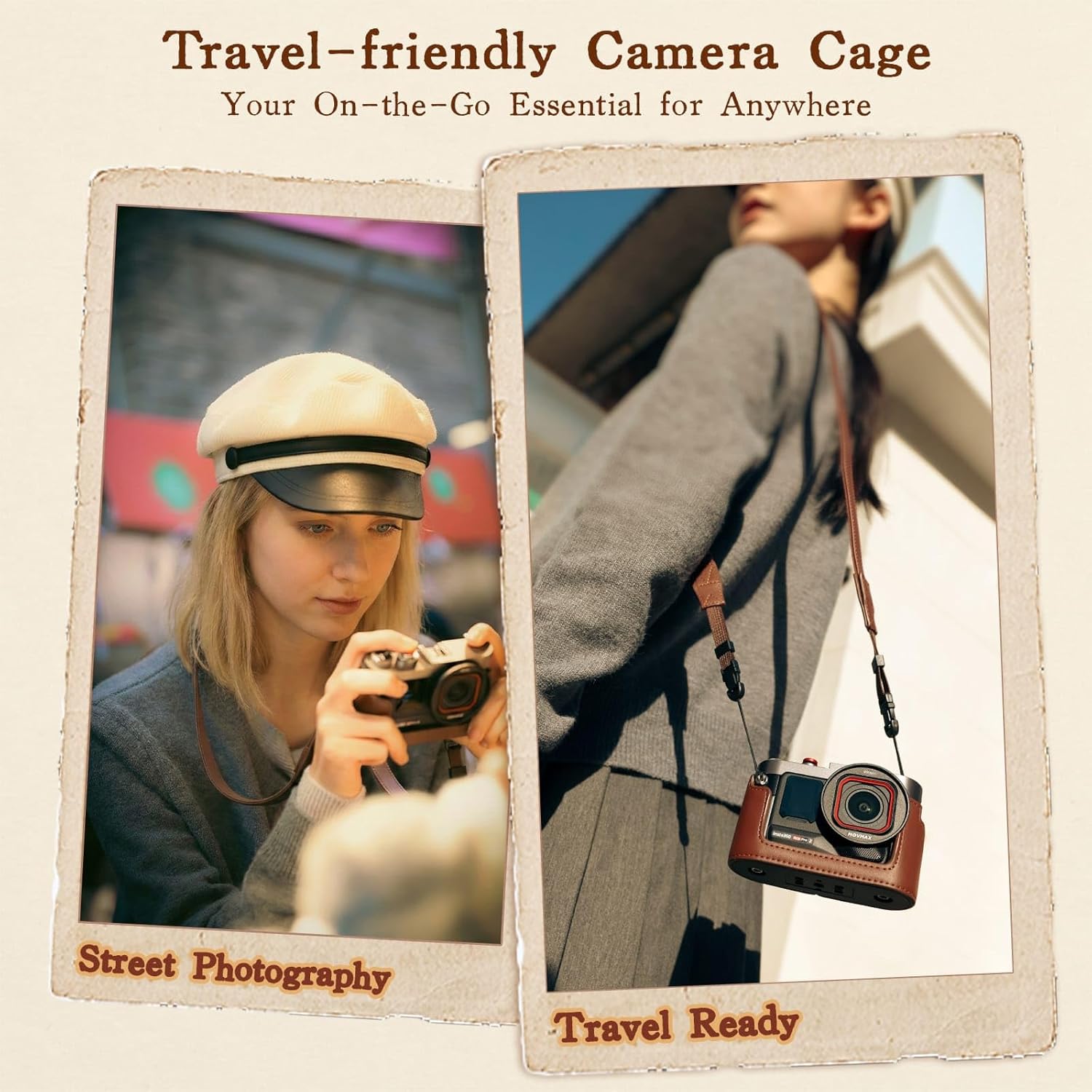 MOVMAX Vintage Camera Cage for Insta360 Ace Pro 2 with Carrying Strap, Aluminum Alloy Metal Cage with Retro Soft Leather, Cold Shoe, Insta 360 Ace Pro 2 Accessories