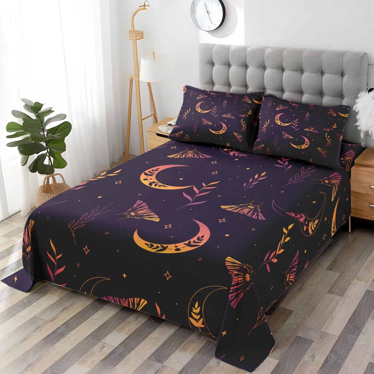 Queen Size Bed Sheet Sets, Gothic Moon Moth Soft Microfiber 4 Pcs Bedding Sets for Kids and Adults Bedroom Bed Decor, Dark Witchy Vintage Wildflower Flat, Fitted Sheet and 2 Pillowcases Queen Violet Moon