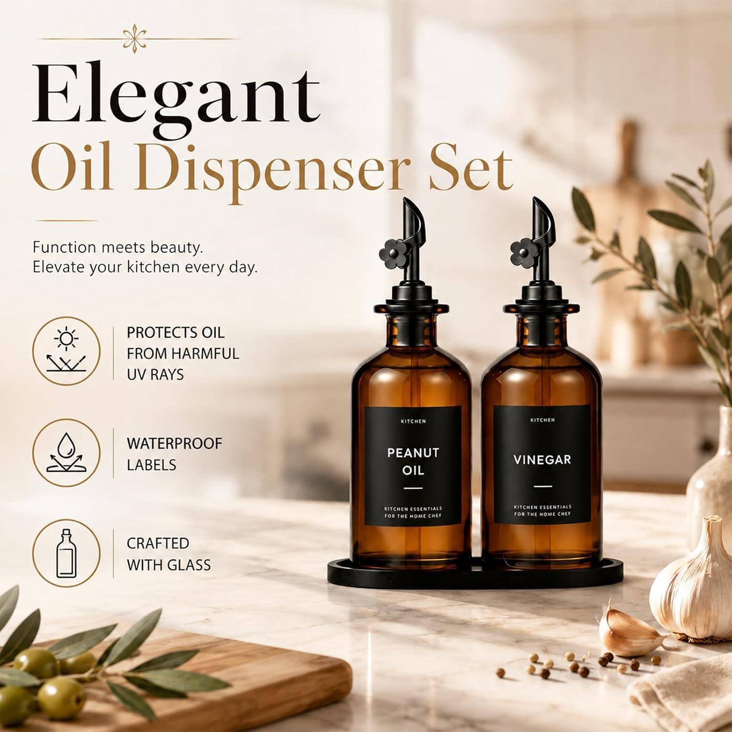 Olive Oil Dispenser for Kitchen, 2-Pack 12oz Glass Bottle with Black Labels