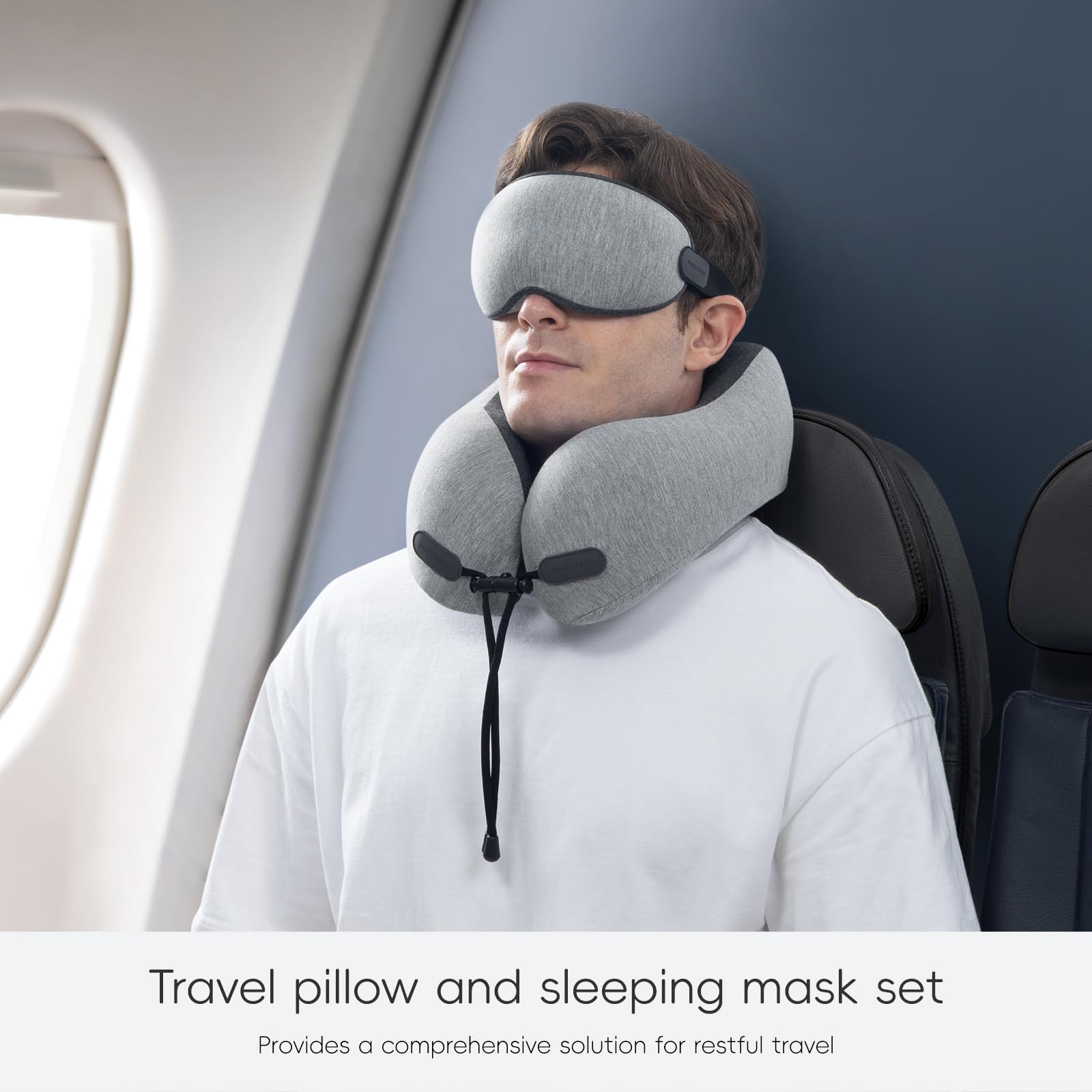 urnexttour Cuscino cervicale da viaggio in memory foam, modelli di design con maschera 3D a pressione zero per gli occhi e borsa compatta, essenziale per viaggi, aereo, auto, riposo, sonno, uso adulto