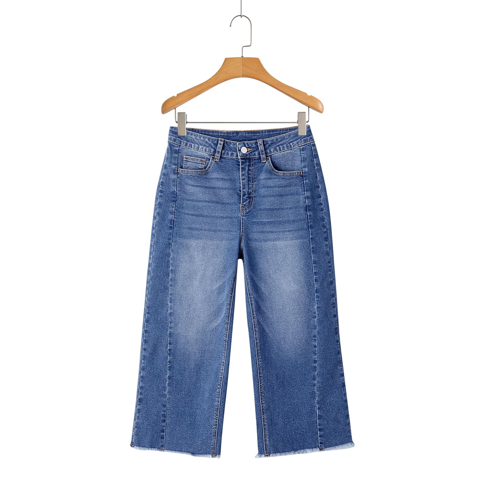 Jeanshose Damen Caprihose Denim Culotte Hose Hohe Taille Mit Fransen Saum