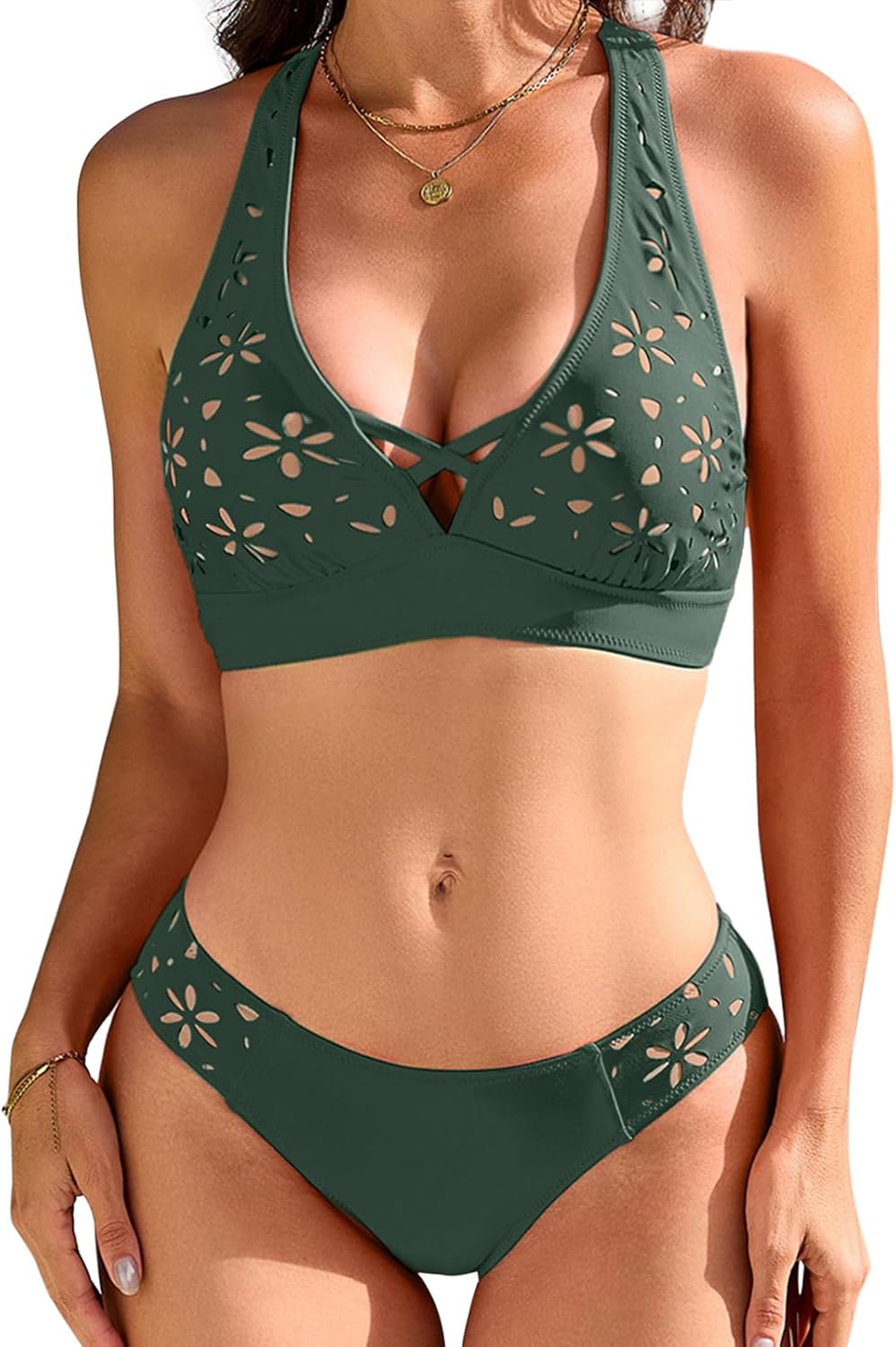 RIHOAS Bikini Sets for Women Two Piece Bikini Swimsuits Modest Petal Hollow V Neck Top and Low Rise Bottom