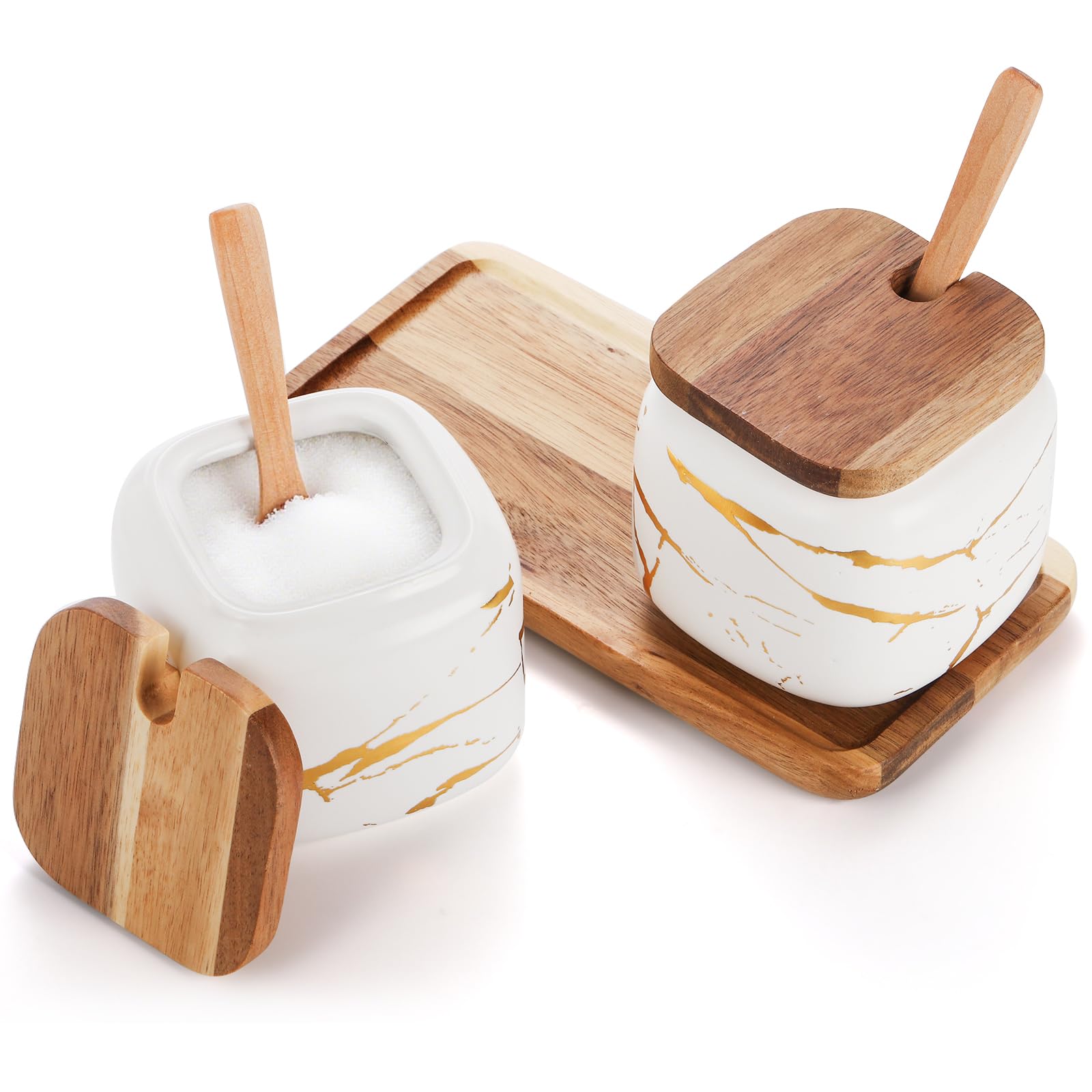 Dicunoy Paquete de 2 azucareros de cerámica, recipiente de sal y azúcar con tapas y cucharas, crema de azúcar de porcelana para cafetería, macetas de especias de condimentos con bandeja de madera para