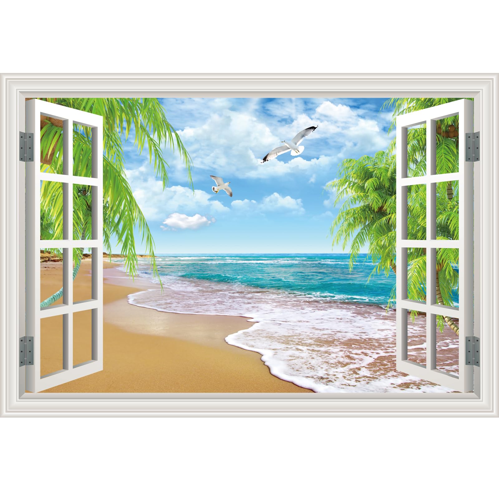 Fake Window Wall Mural Beach Palm Tree Art Poster Faux Window Wall Sticker for Office Home Room Decor, Peel and Stick Wall Decals 24" x 16"