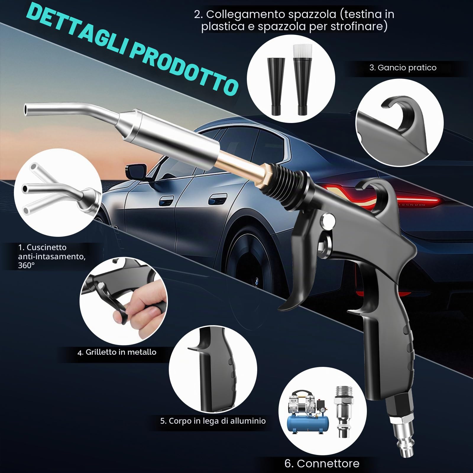 Pistola per lavaggio a secco, pistola per pulizia interna ad alta pressione, pistola per soffiatore ad alta pressione, strumento per la pulizia dell'auto con 2 ugelli per soffiare rapidamente sporco e