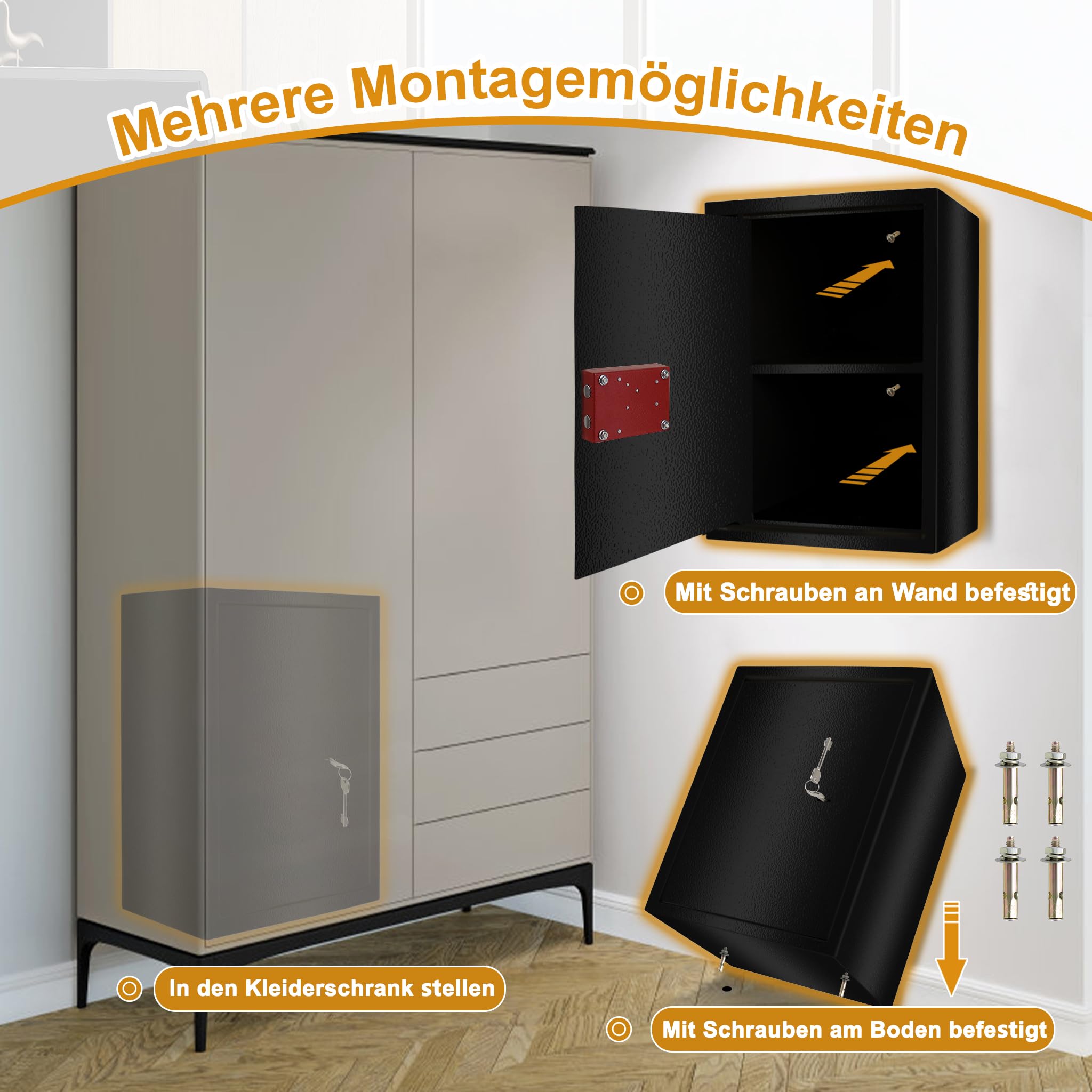 YRHome Sejf meblowy, sejf w rozmiarze XL, 35 x 31 x 50 cm, z 2 zamkiem na klucze i śrubami mocującymi, sejf podłogowy, ścienny, szafka na pieniądze, kolor czarny