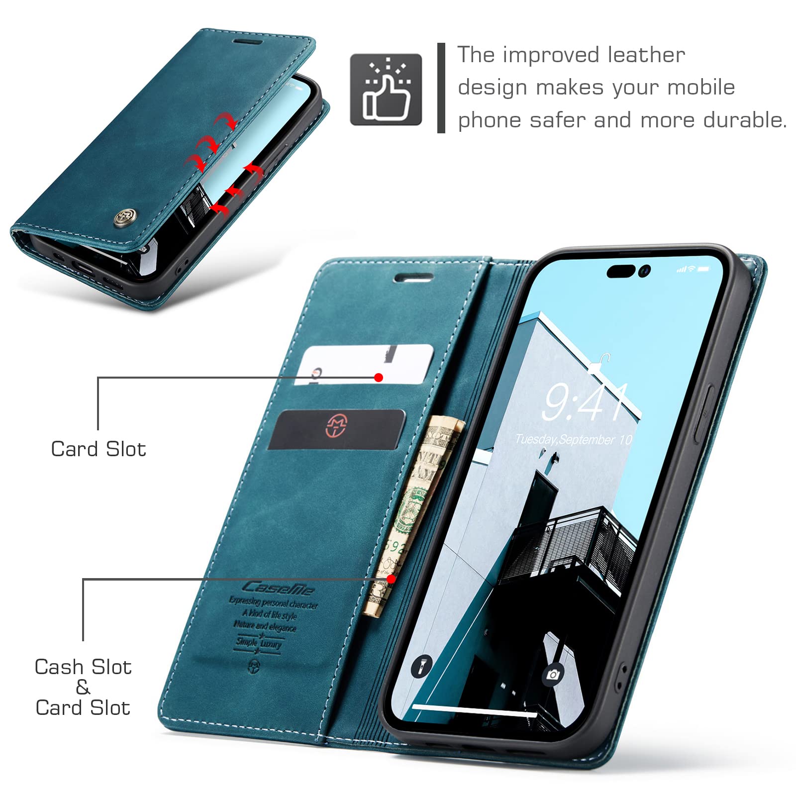 LOLFZ Custodia A Portafoglio In Pelle Per IPhone 14 Pro – Vintage Con 3 Slot Carte, Chiusura Magnetica E Supporto Regolabile – Blu - 2