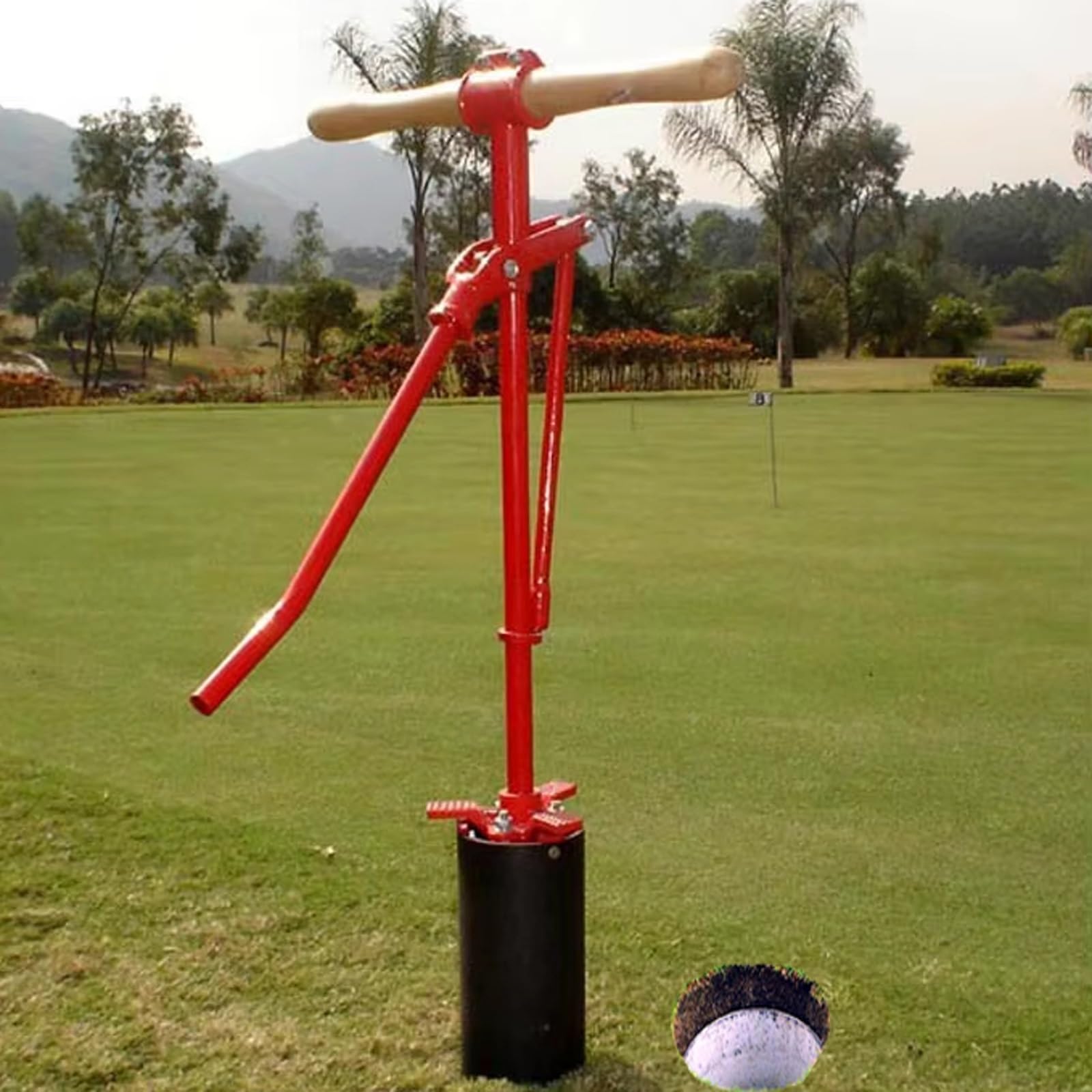 FHRKA Portable Golf Hole, 11.5cm Golfs Putting Green Holes with Wooden Handle, Putting Green Lever Action Holes Punch Machine
