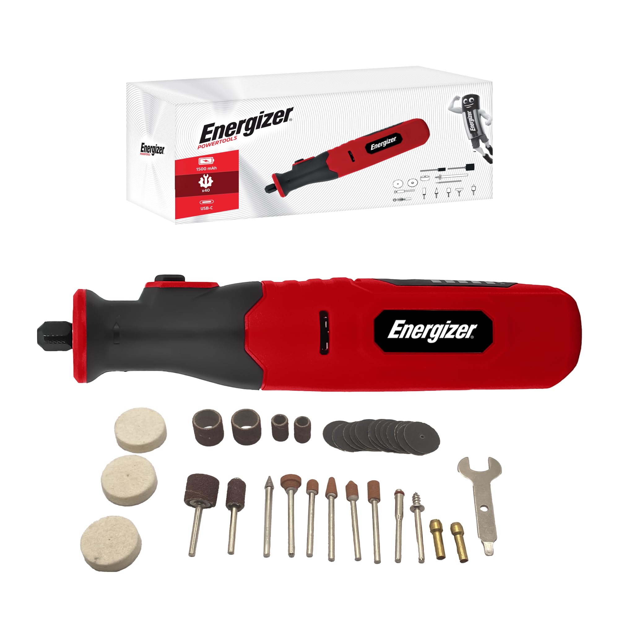 Energizer – Smerigliatrice di precisione senza fili – Batteria 1500mAh USB-C – 5 velocità (5000-25000 RPM) – 40 Accessori – Incisione, Levigatura, Taglio e Lucidatura – Strumento Multifunzionale