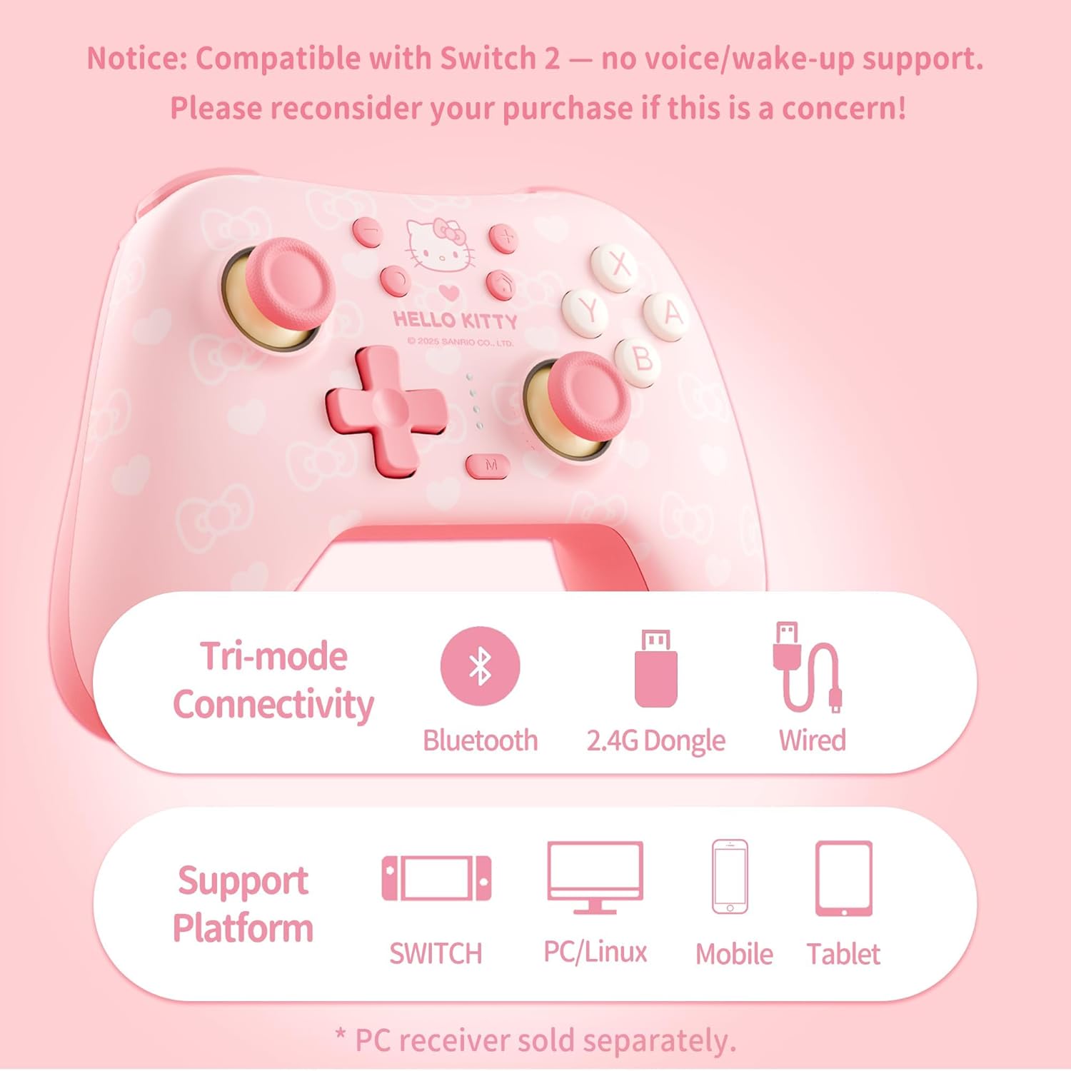 Kuitmor Pink Switch Controller,Hello Kitty Hall Effect Controllers Wireless for Switch 2/1/OLED/Lite,PC,Android,iOS | 2.4G Receiver + Bluetooth,1000mAh Battery,6-Axis Gyro,Dual Vibration,RGB Breathing Light - Image 4