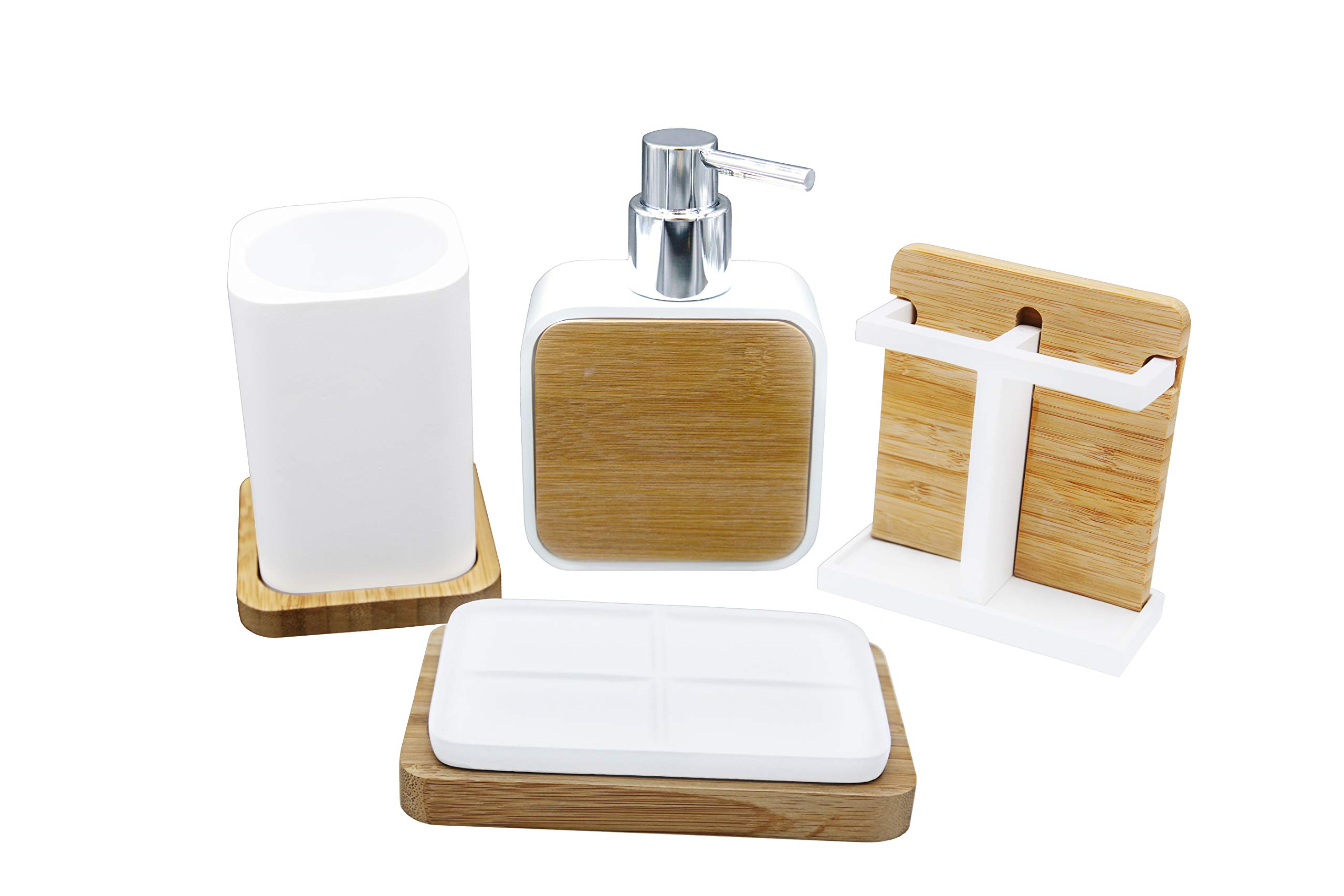 Marina Decoration Set di 4 accessori da bagno di lusso in stile moderno con dispenser per sapone liquido, lozione, pompa, portaspazzolino, bicchiere, portasapone, stile alfa moderno in resina di bambù