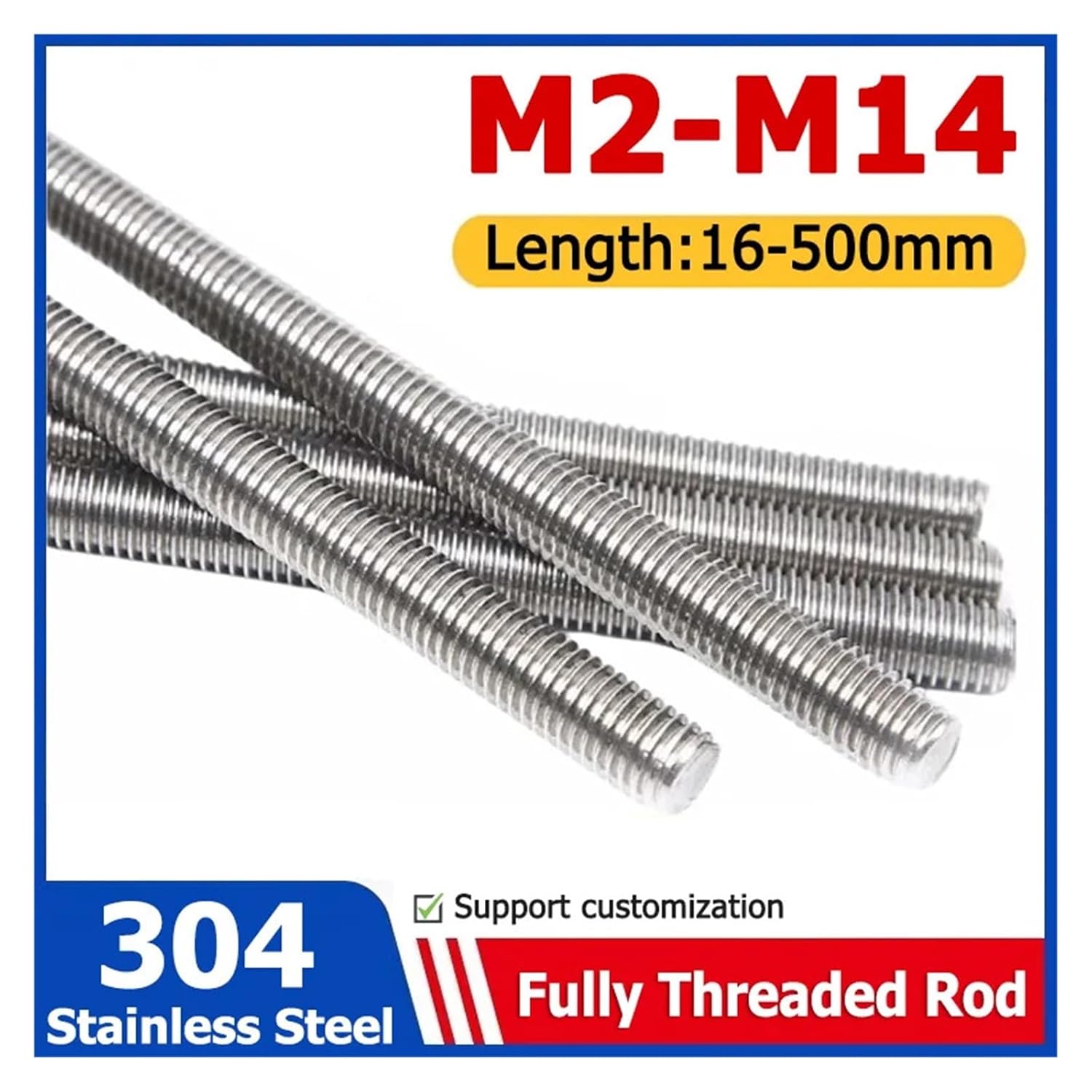 Full Threaded Rod Full-Size 304 Stainless Steel Fully Threaded Rods Bar Stud(M5,130mm)