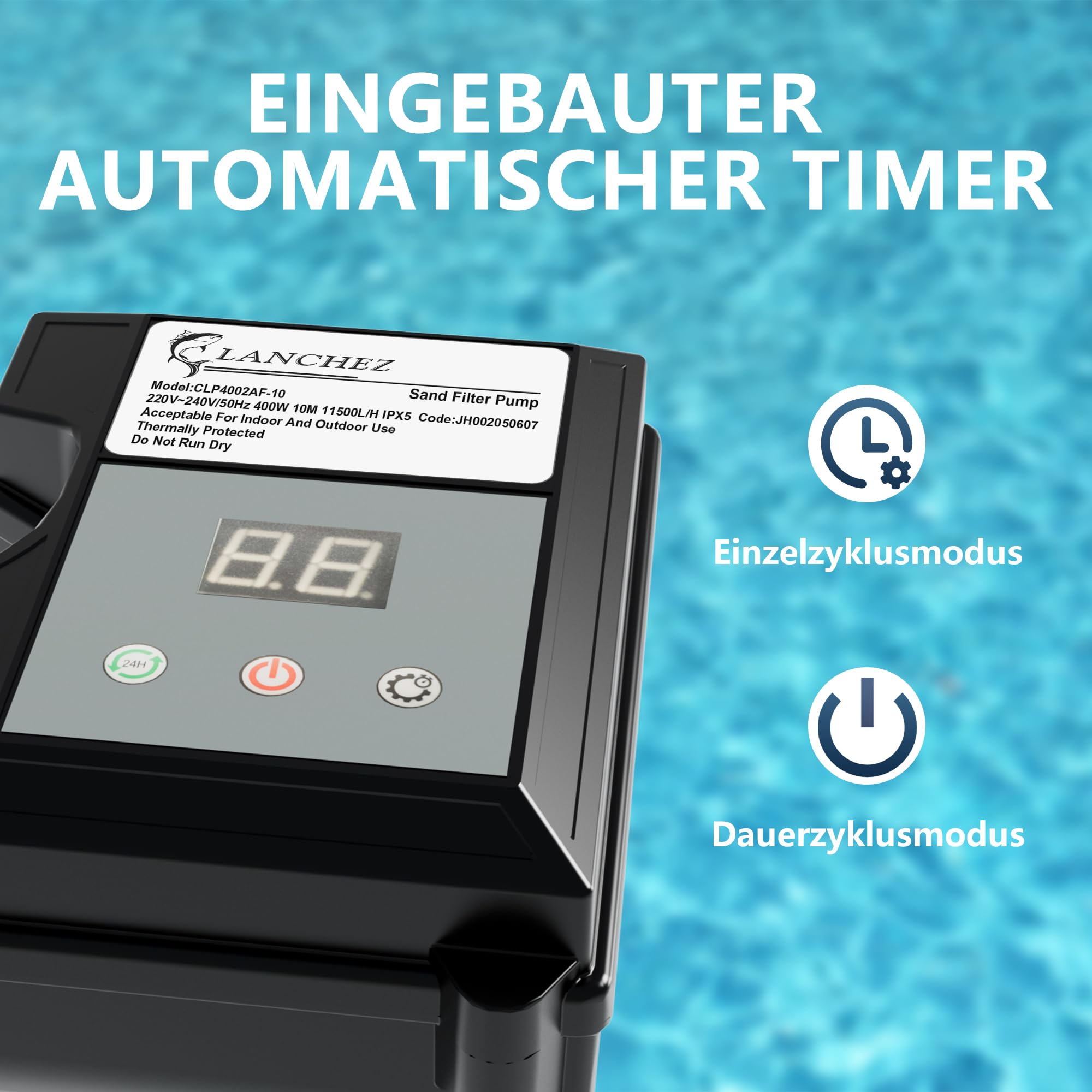 LANCHEZ Sandfilteranlage 11.500 L/h, 7-Wege-Ventil, 24h Zeitschaltuhr, 200g Filterbälle, Sandfilterkessel für Pool, Tankvolumen Maximal 10 kg Sand, 2in1 Adapter Ø32mm-38mm
