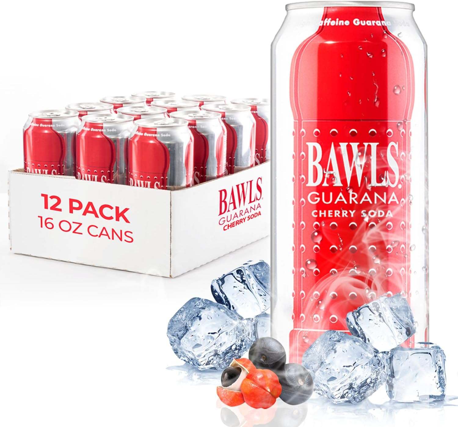 Guarana Cherry, BAWLS Guarana Drink, Guarana Soda, Guarana Fueled Soda for Energy, High Energy Caffeinated Drink, 16oz 12 Pack Cans