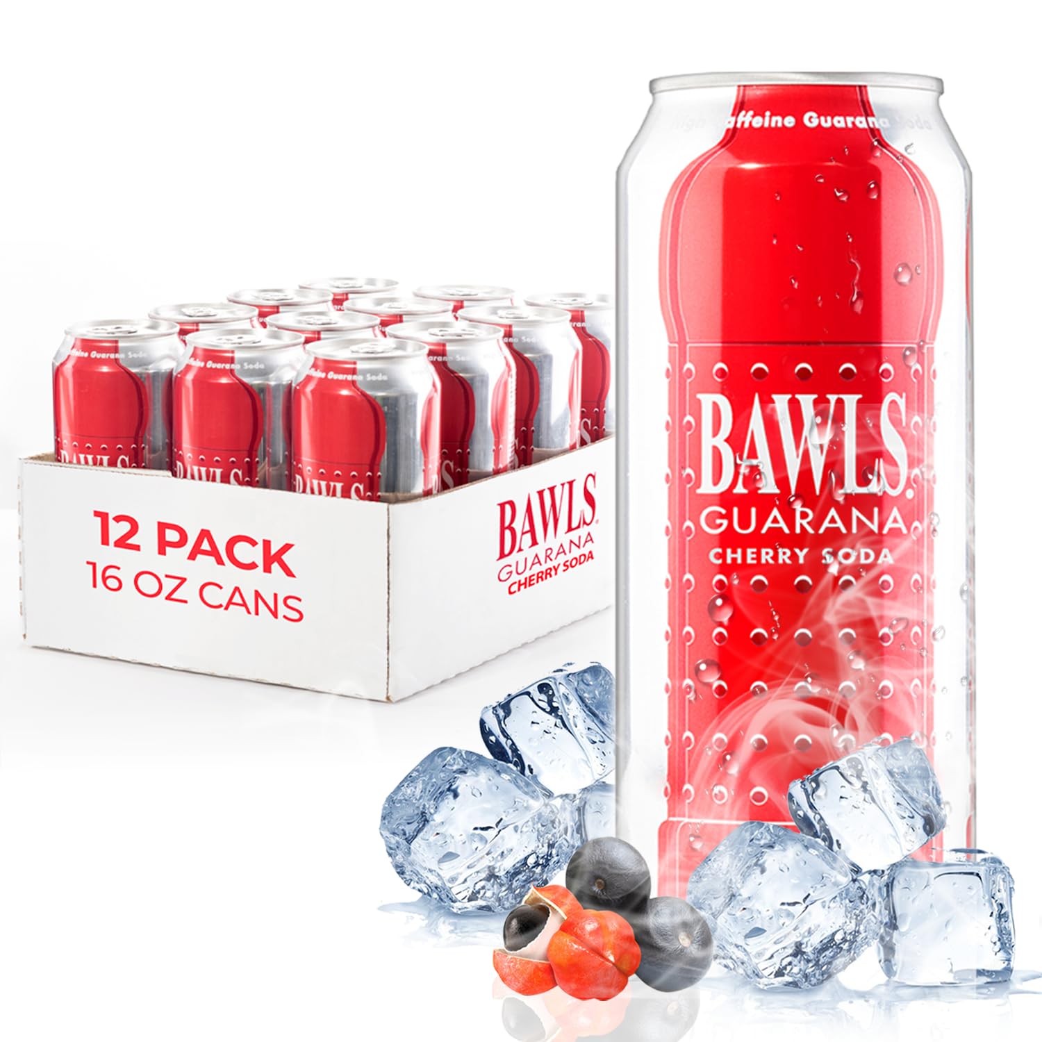 BAWLS Guarana Cherry, BAWLS Guarana Drink, Guarana Soda, Guarana Fueled Soda for Energy, High Energy Caffeinated Drink, 16oz 12 Pack Cans